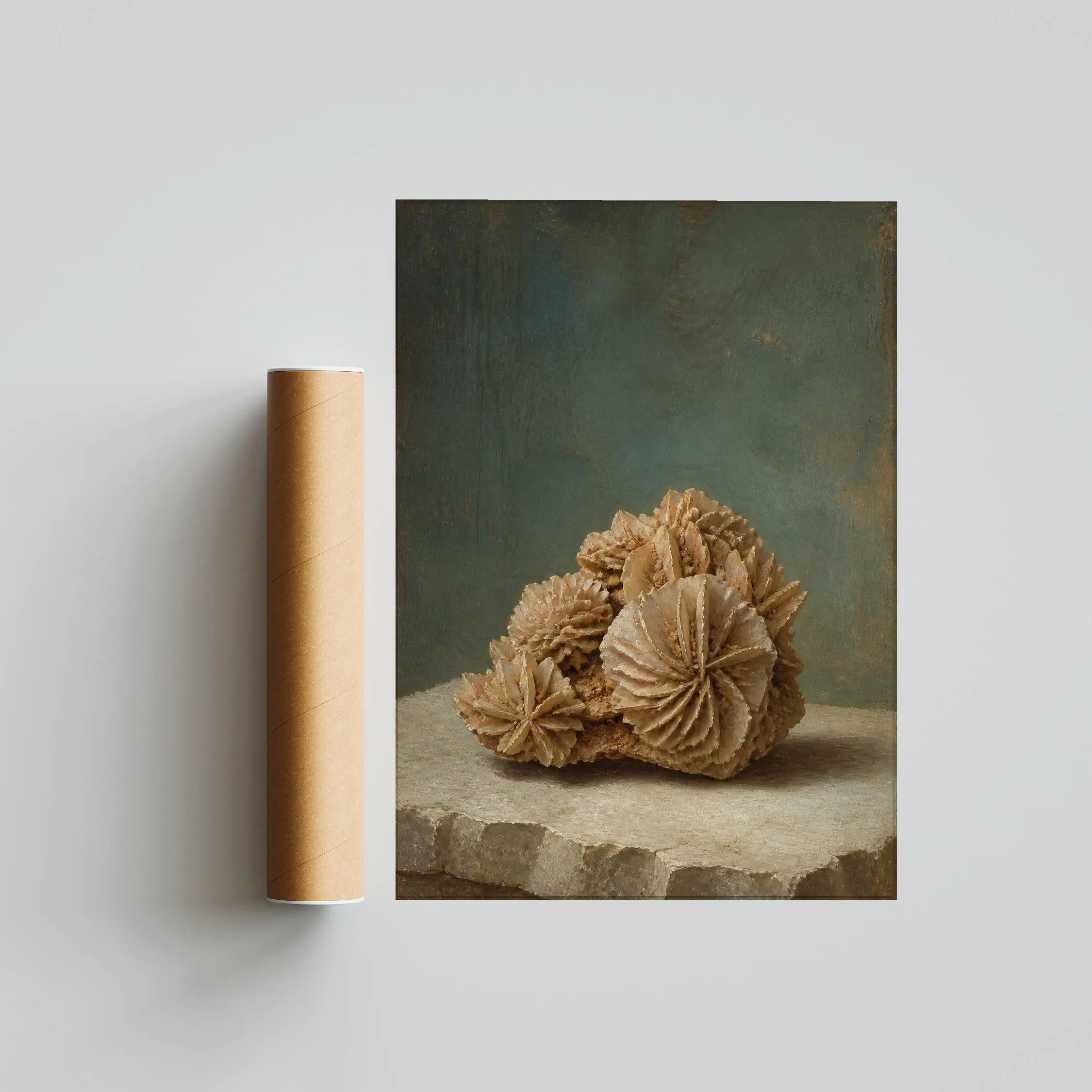 Desert Rose Wall Art, Gypsum Crystal Rosette Painting, Soft Teal Mineral Study Print – Calm Wall Art by Artsify thumbnail 5