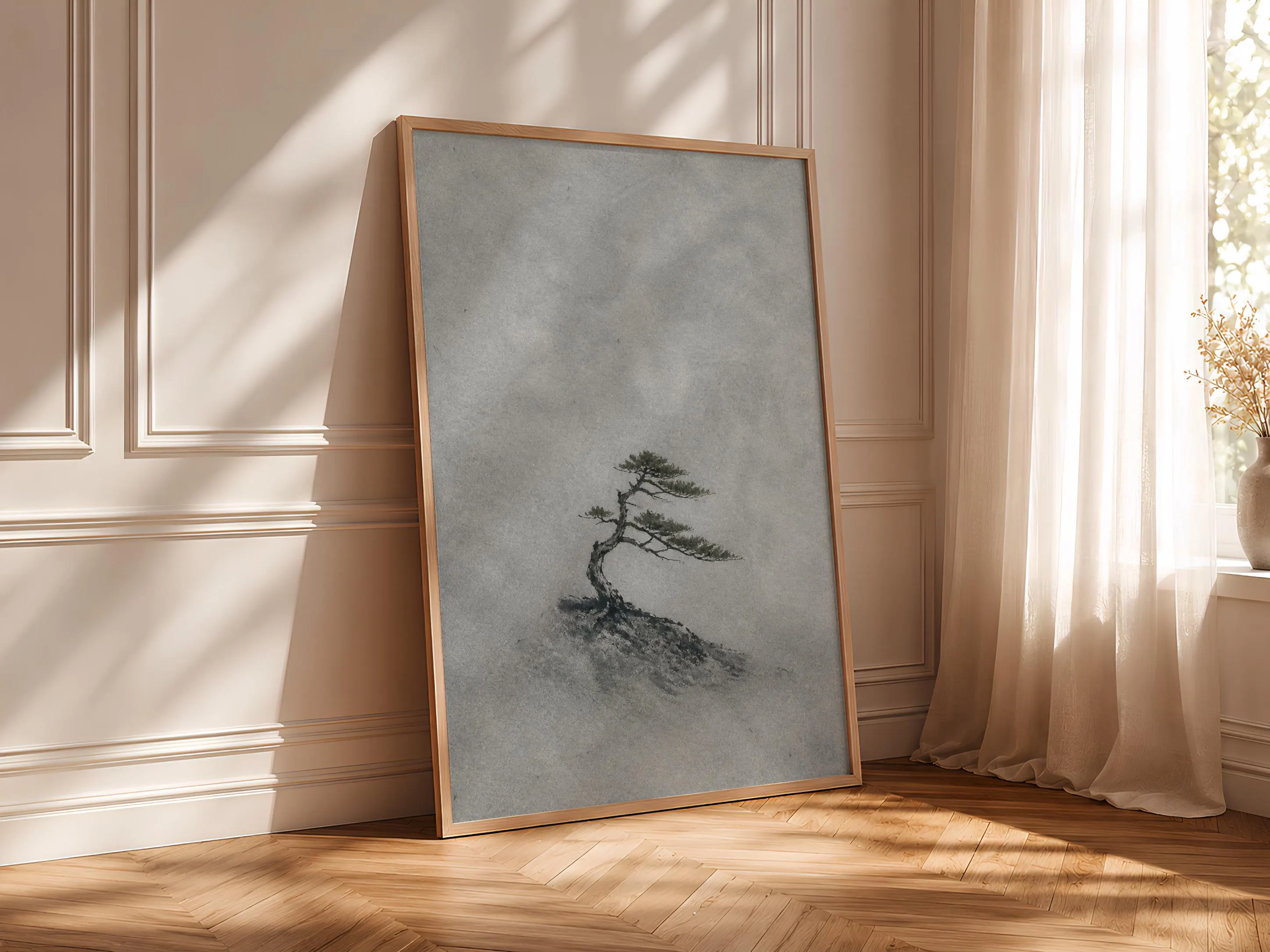 Minimalist Pine Tree Wall Art, Fog Landscape Monotype, Neutral Japandi Nature Print – Calm Wall Art by Artsify thumbnail 4