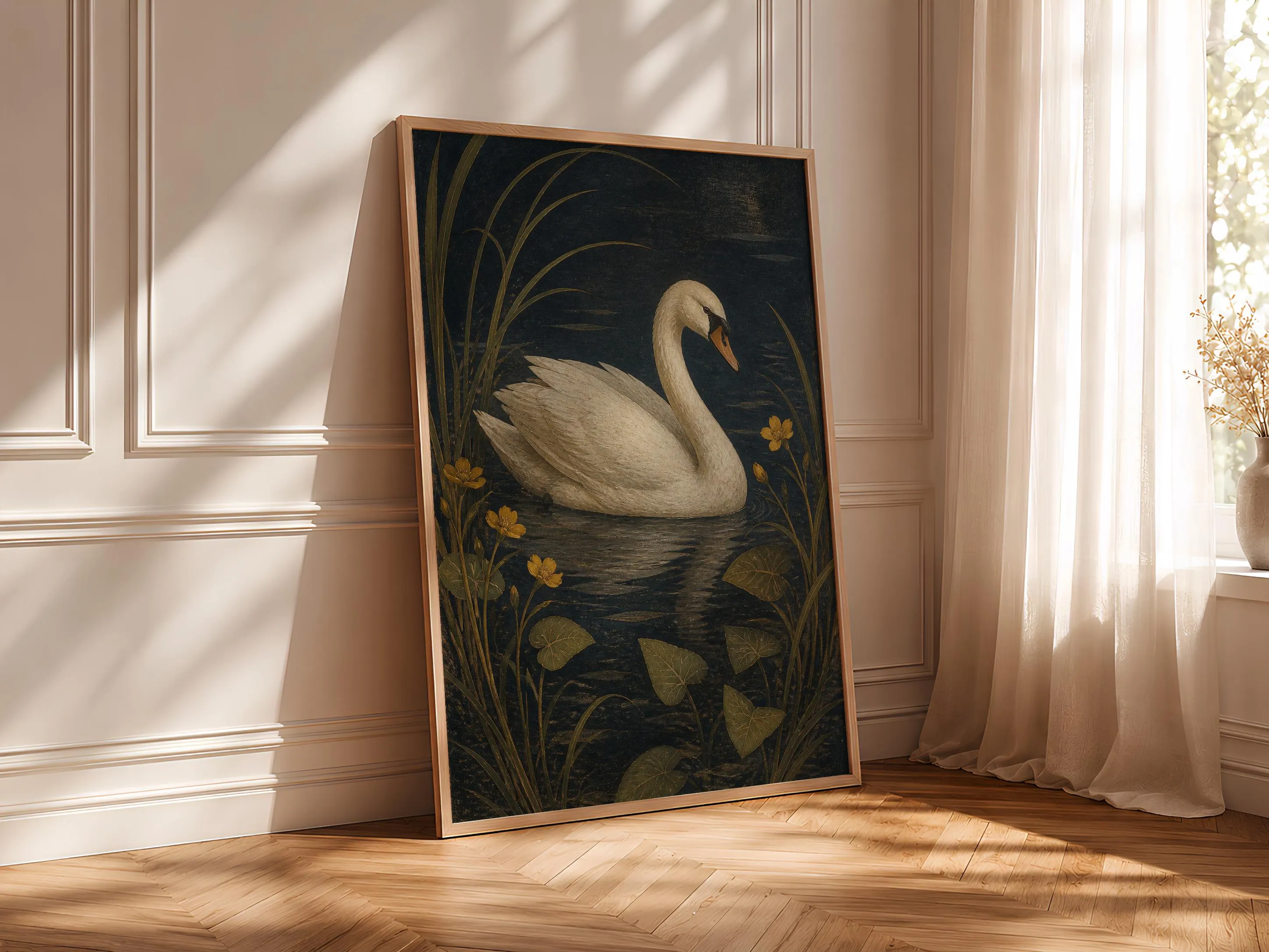 Swan Wall Art, Arts and Crafts Bird Painting, Dark Marsh Botanical Decor – Calm Wall Art by Artsify thumbnail 4