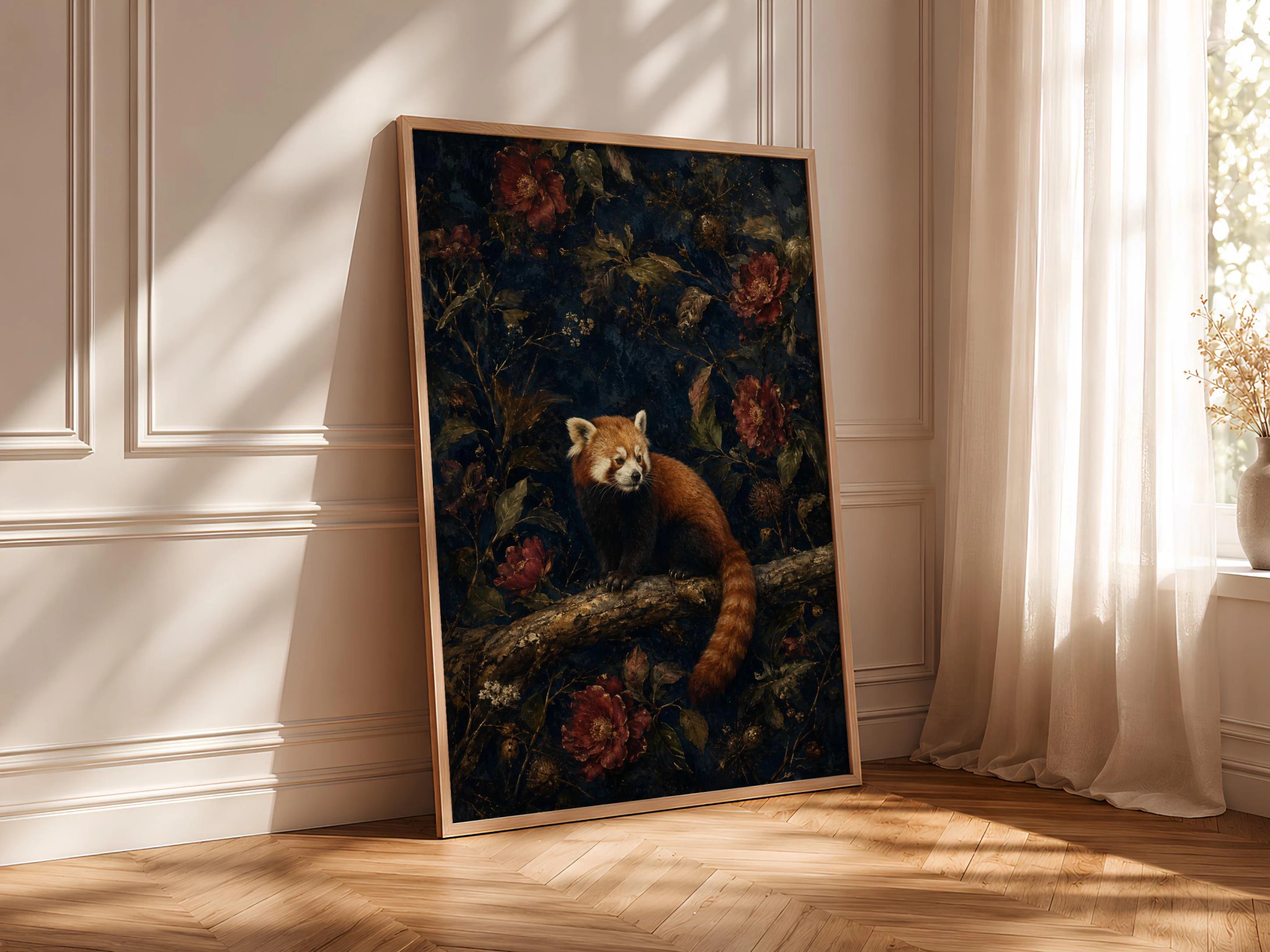 Red Panda Wall Art, Dark Botanical Oil Painting – Calm Wall Art by Artsify thumbnail 4