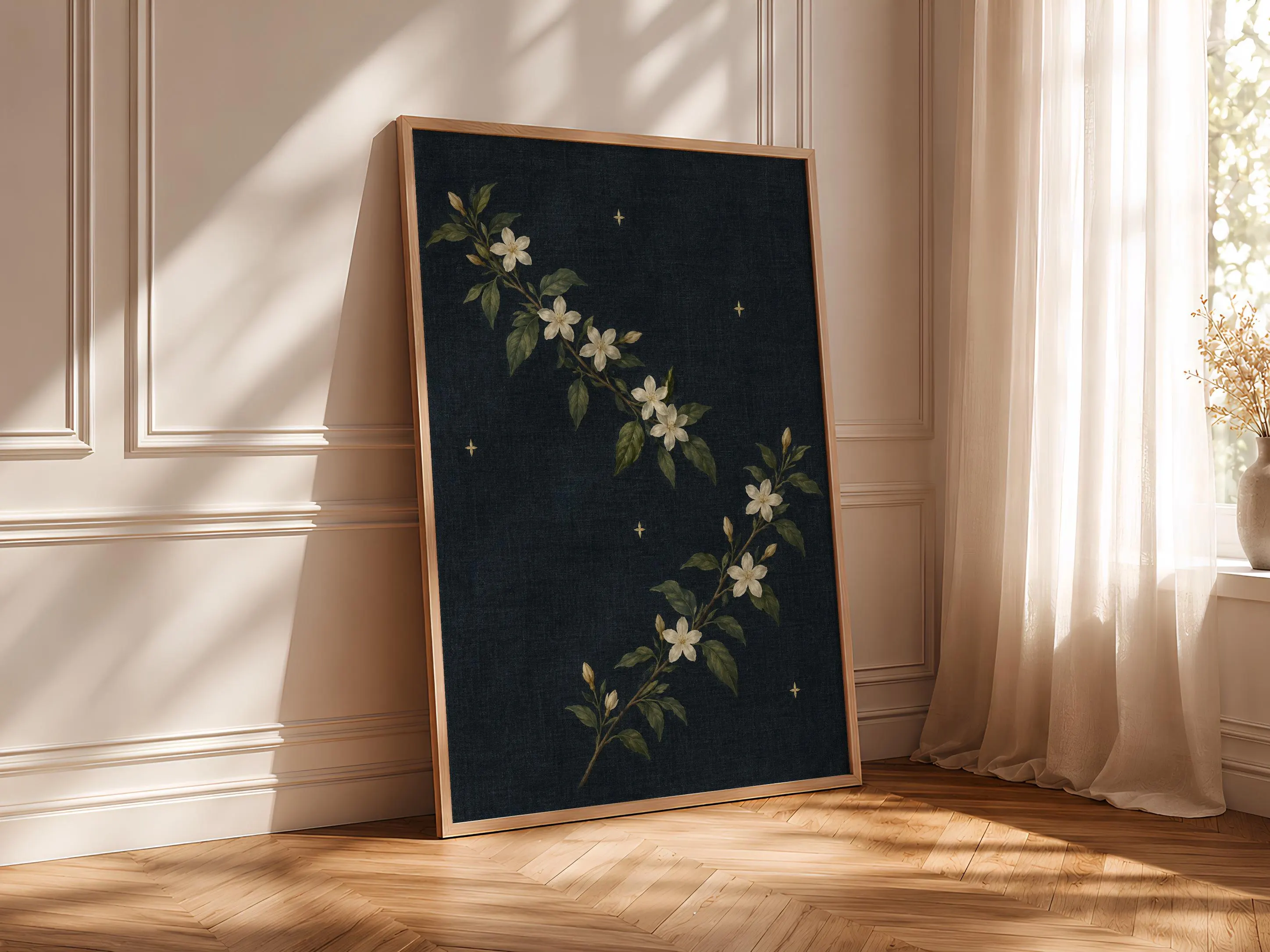 Night Jasmine Wall Art, Dark Blue Arts and Crafts Floral Painting – Calm Wall Art by Artsify thumbnail 4