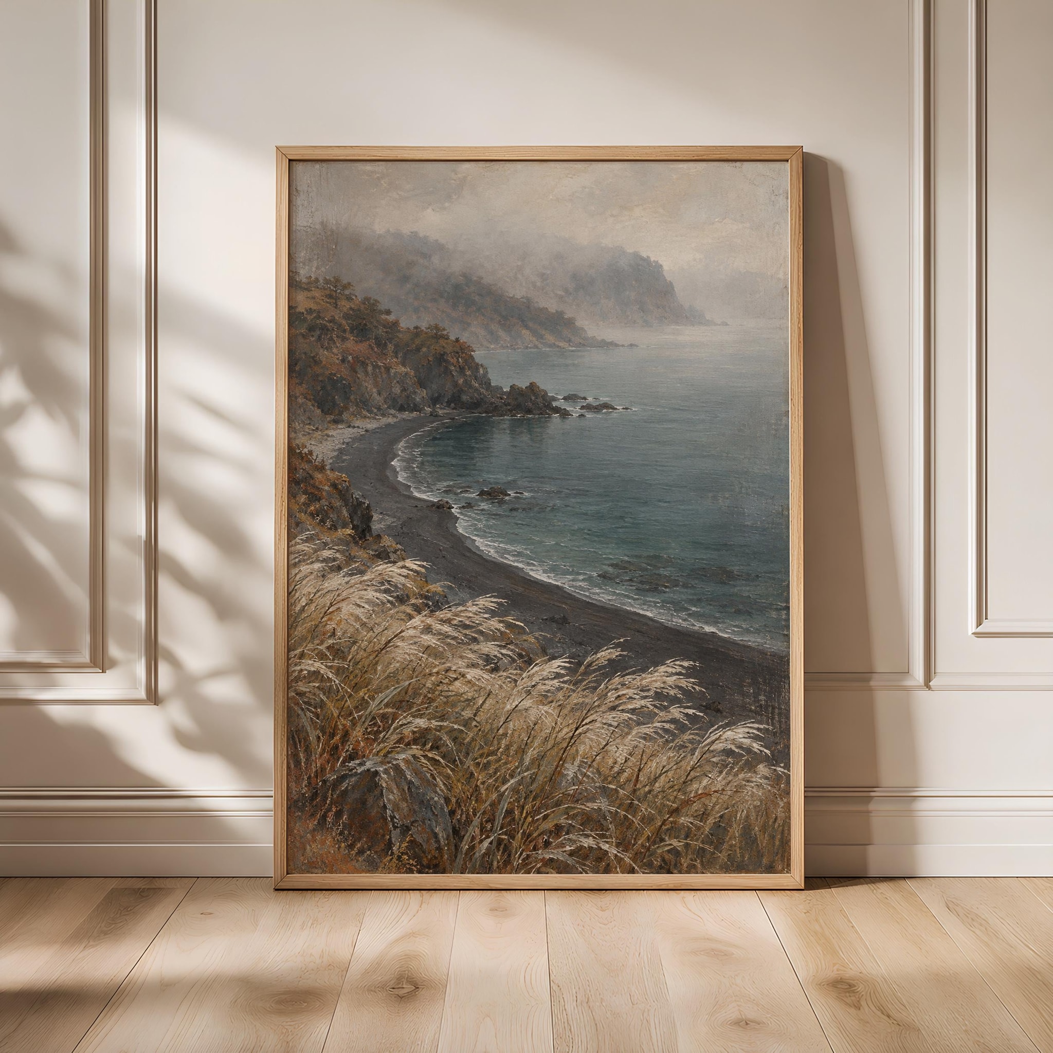 Silver Grass Coastal Wall Art, Misty Volcanic Cove Painting, Neutral Autumn Decor – Calm Wall Art by Artsify
