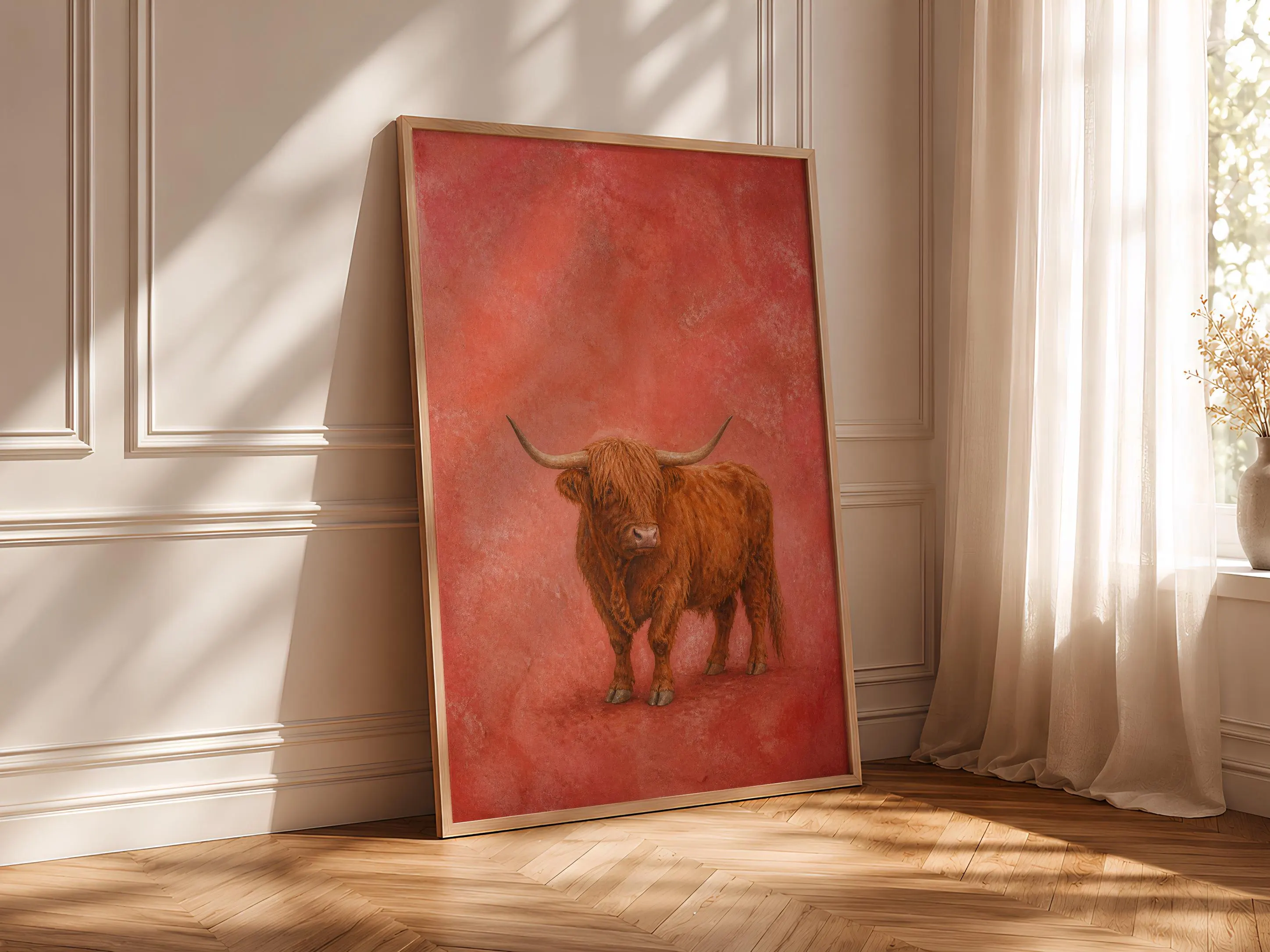 Highland Cow Wall Art, Coral Fresco Farmhouse Painting, Minimalist Animal Print, Housewarming Gift – Calm Wall Art by Artsify thumbnail 4