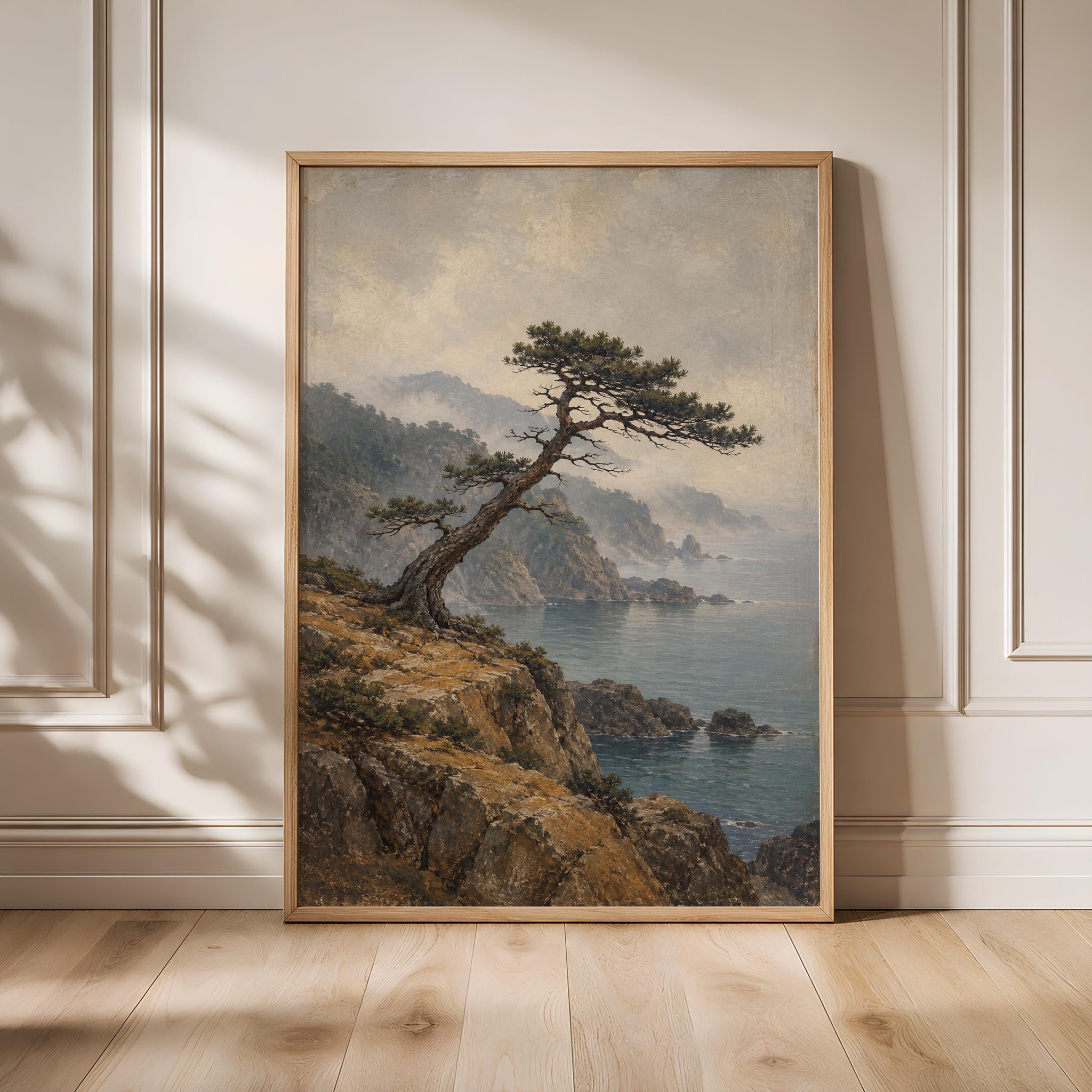 Wind Bent Pine Wall Art, Japanese Cliff Landscape Painting, Zen Reading Nook Decor – Calm Wall Art by Artsify