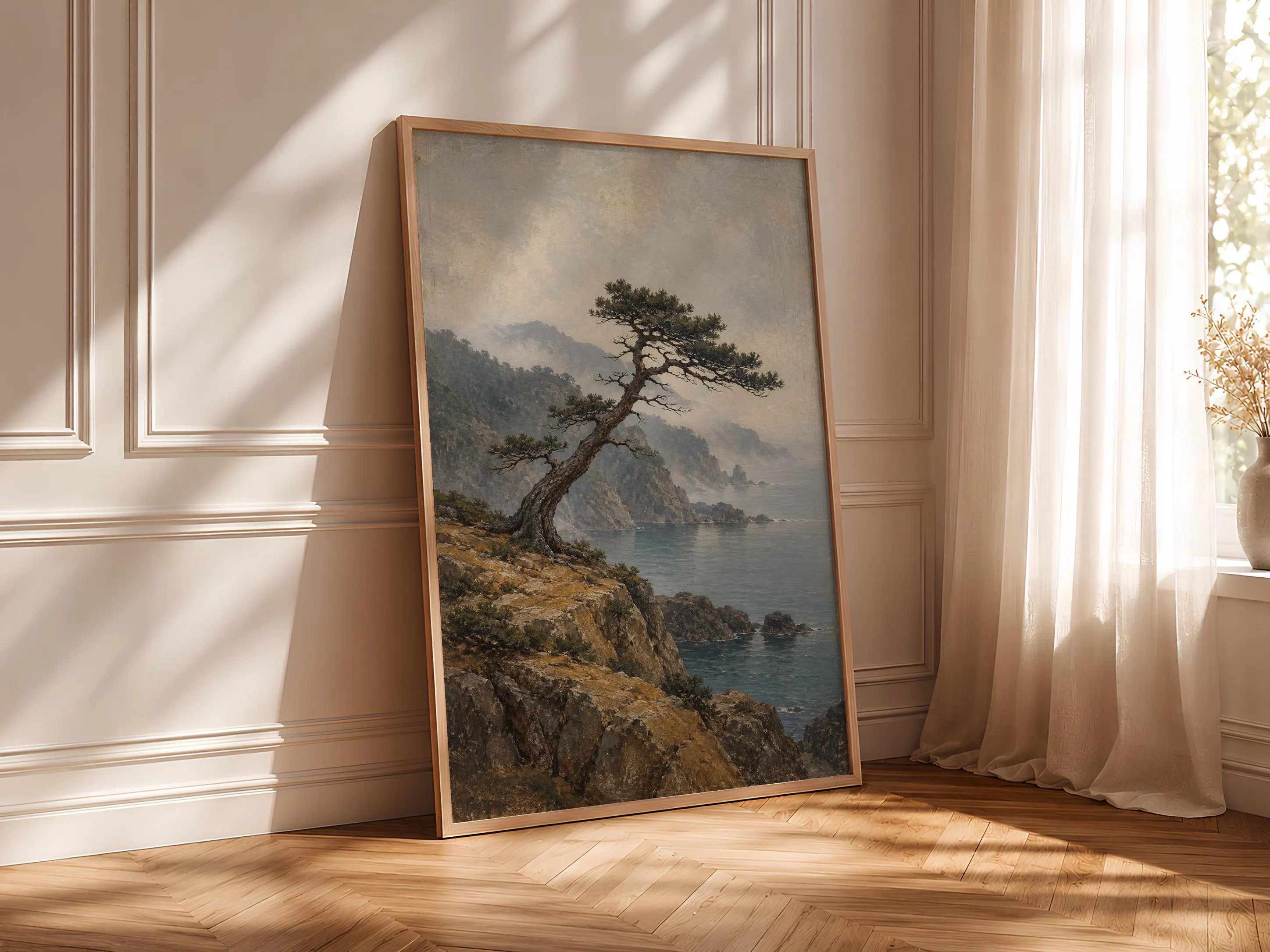 Wind Bent Pine Wall Art, Japanese Cliff Landscape Painting, Zen Reading Nook Decor – Calm Wall Art by Artsify thumbnail 4