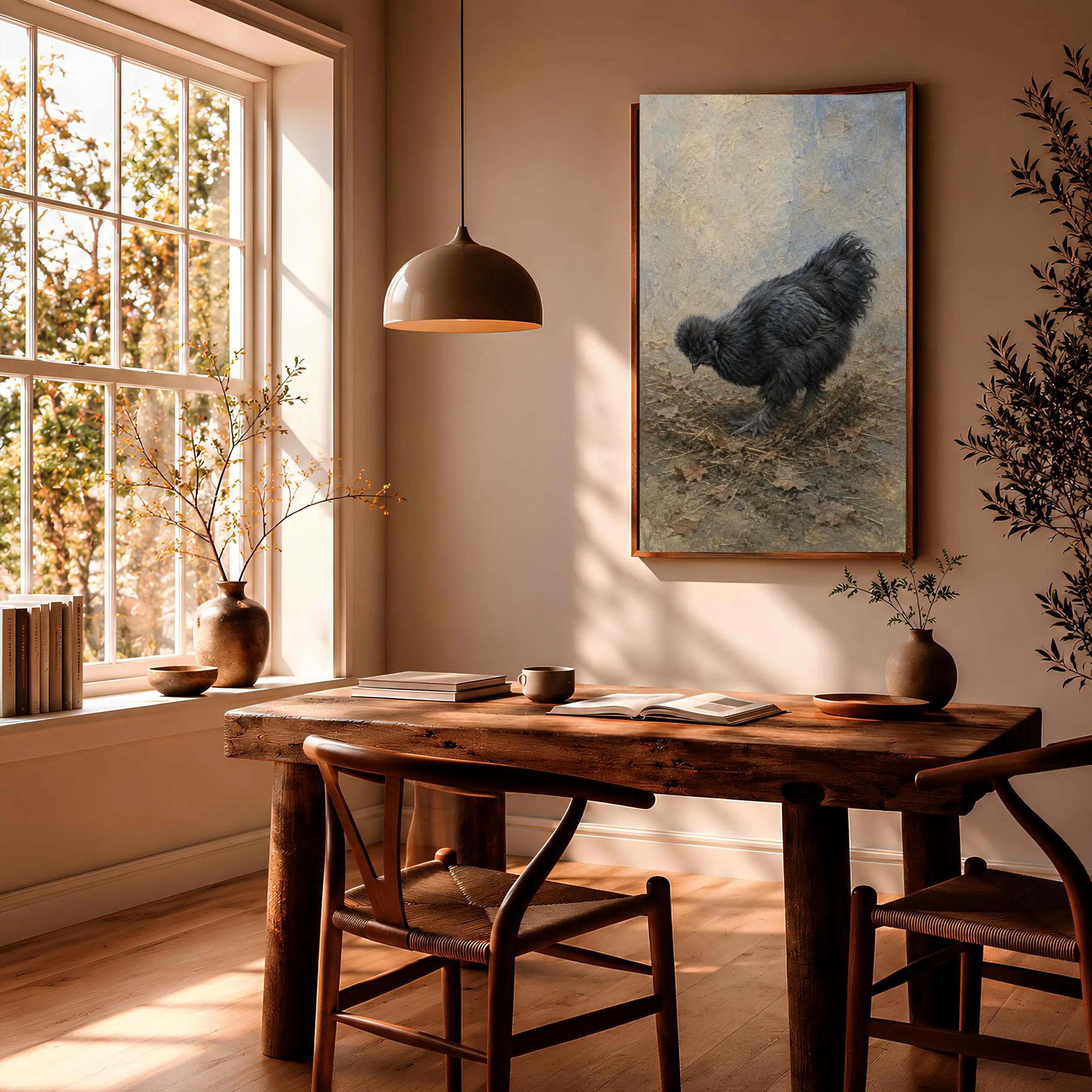 Black Silkie Chicken Wall Art, Foraging Hen Oil Tempera Print – Calm Wall Art by Artsify thumbnail 2