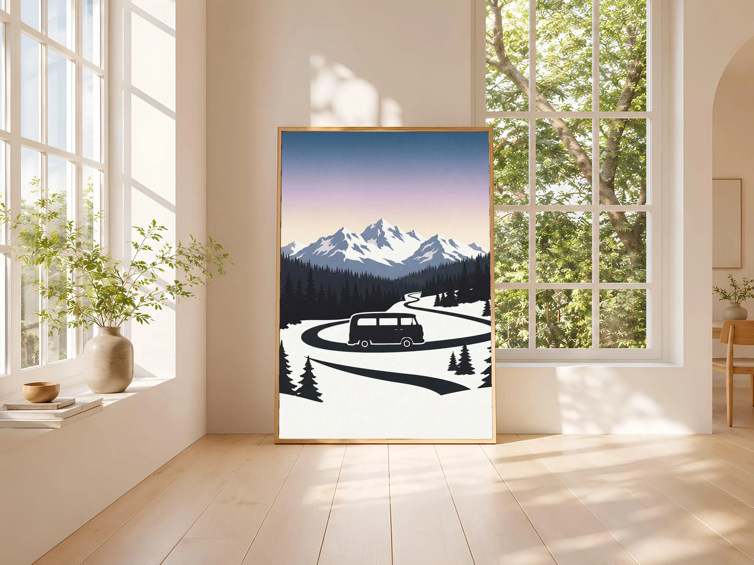 Retro Camper Van Print, Snowy Mountain Poster, Lavender Wall Art, Vanlife Decor, Housewarming Gift – Calm Wall Art by Artsify thumbnail 3