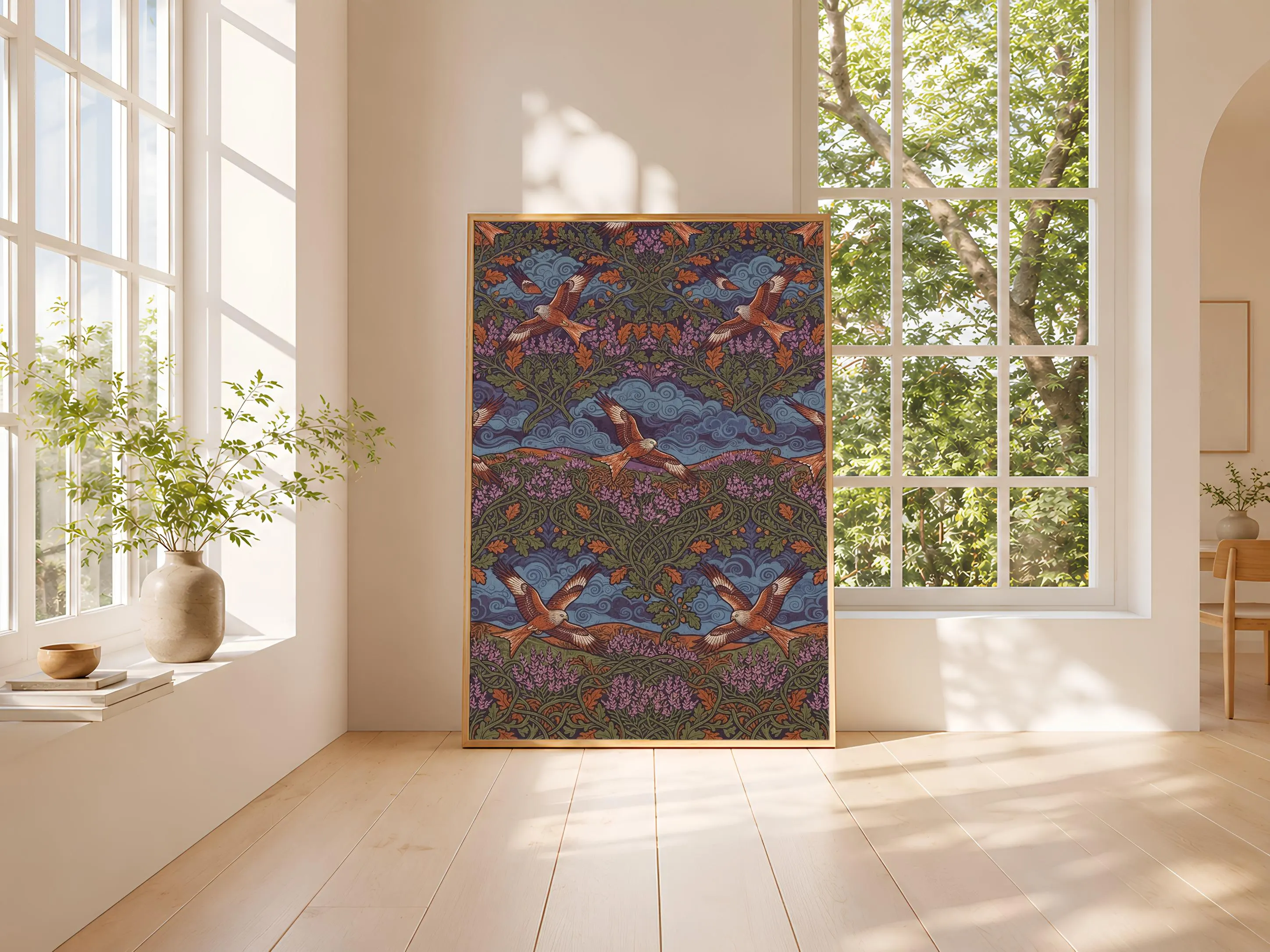 William Morris Style Print, Arts and Crafts Red Kite Poster, Heather Wall Art, Office Decor, Housewarming Gift – Calm Wall Art by Artsify thumbnail 3