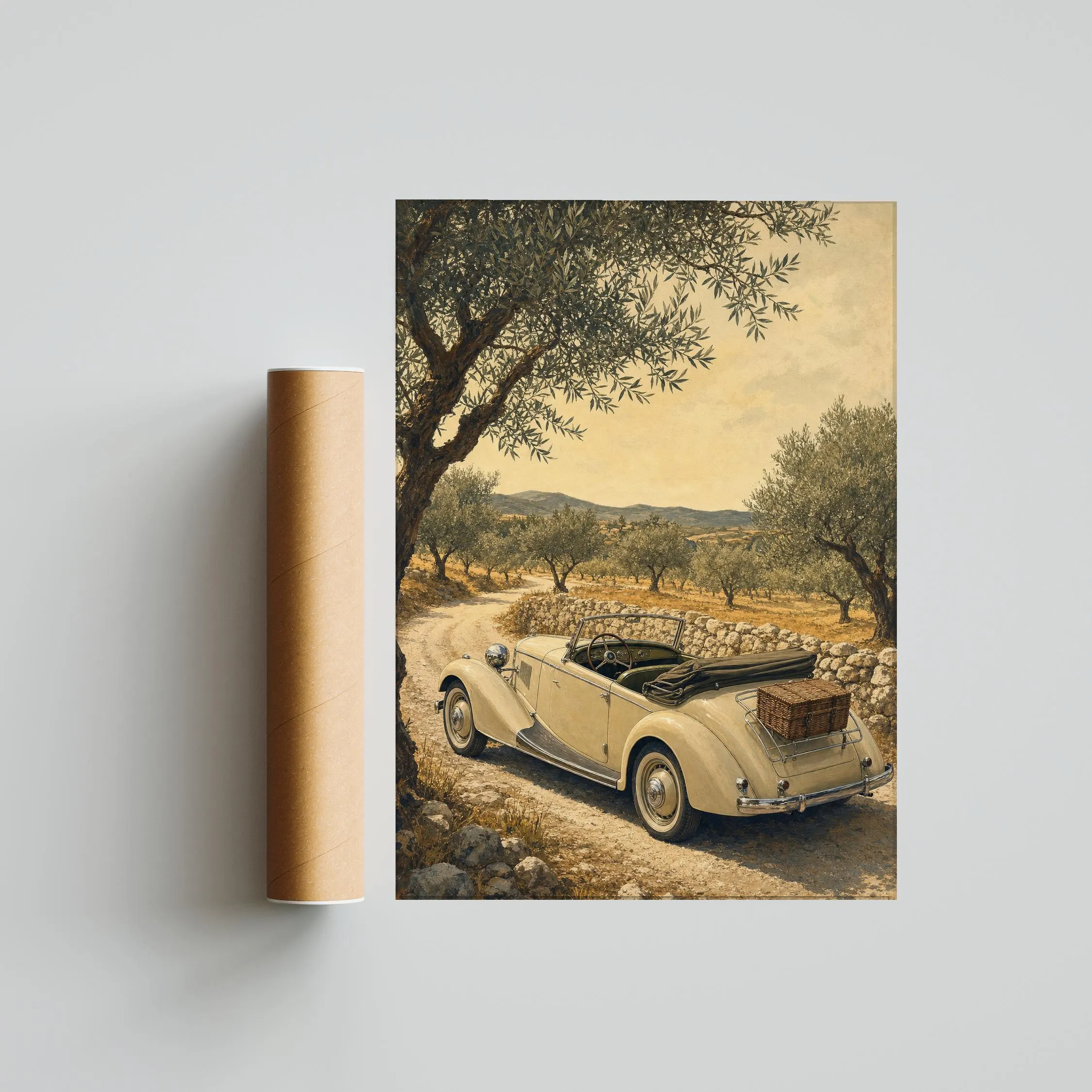 Vintage Roadster Print, Classic Car Wall Art, Mediterranean Olive Grove Poster, Road Trip Decor, Housewarming Gift – Calm Wall Art by Artsify thumbnail 5