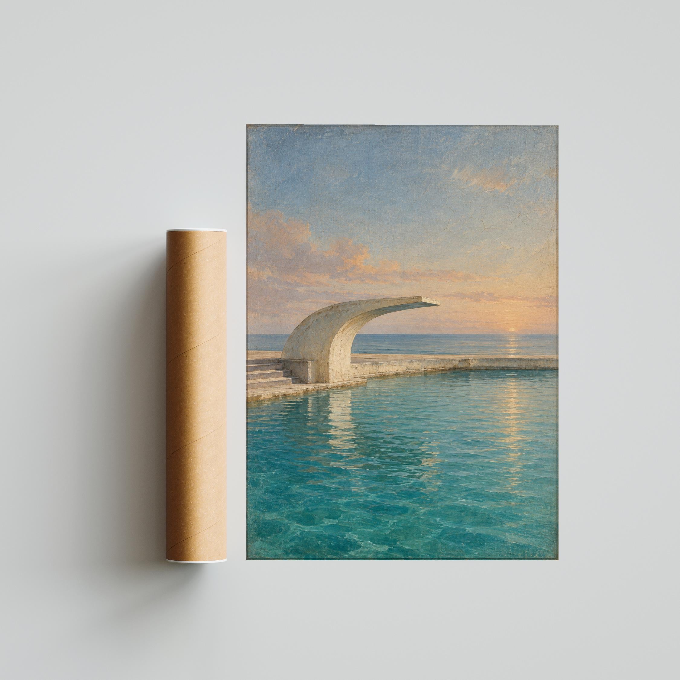 Vintage Poolside Wall Art, Dawn Diving Terrace Oil Painting, Art Deco Decor – Calm Wall Art by Artsify thumbnail 5