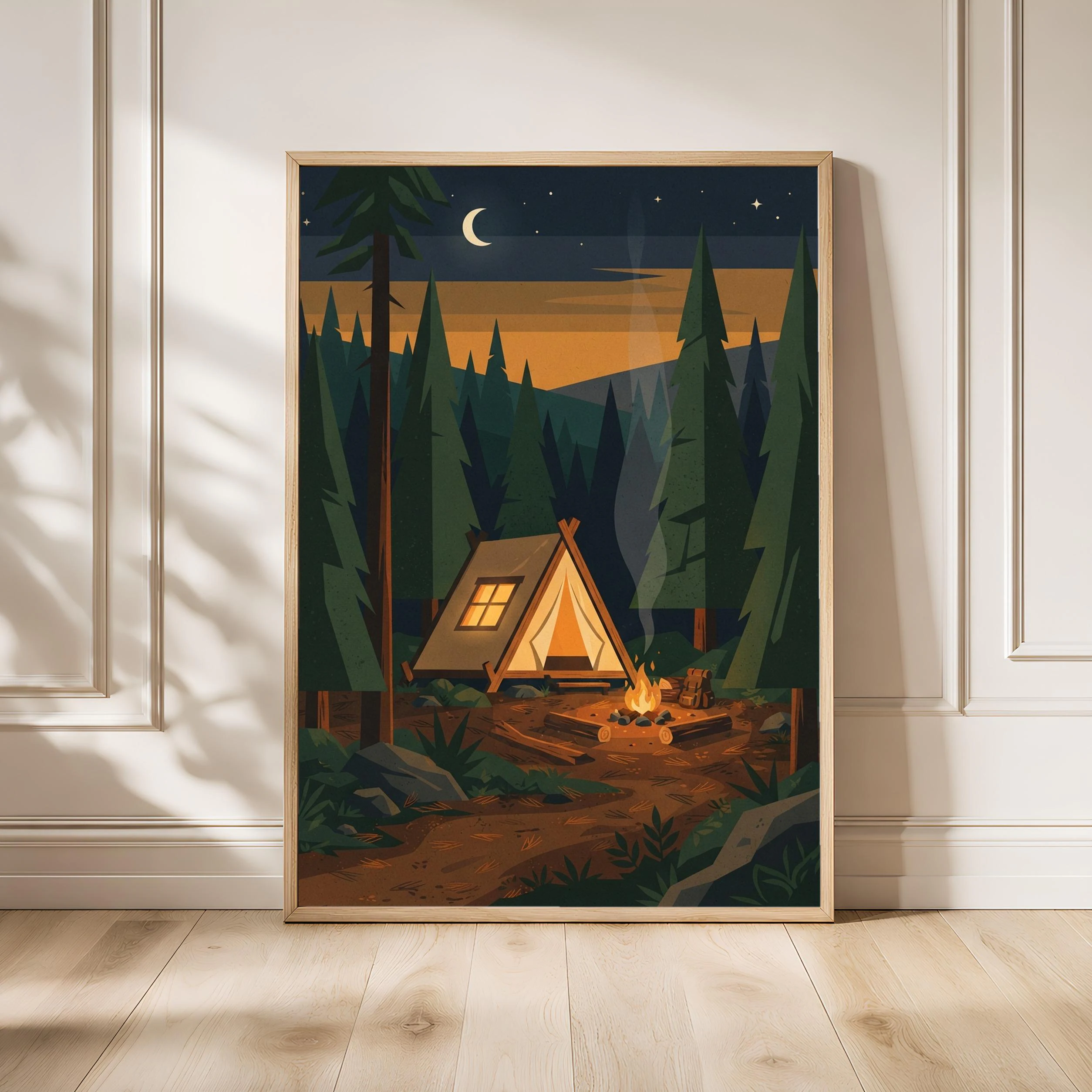 Vintage Camping Tent Print, Retro Campfire Poster, Woodland Wall Art, Bedroom Decor, Housewarming Gift – Calm Wall Art by Artsify