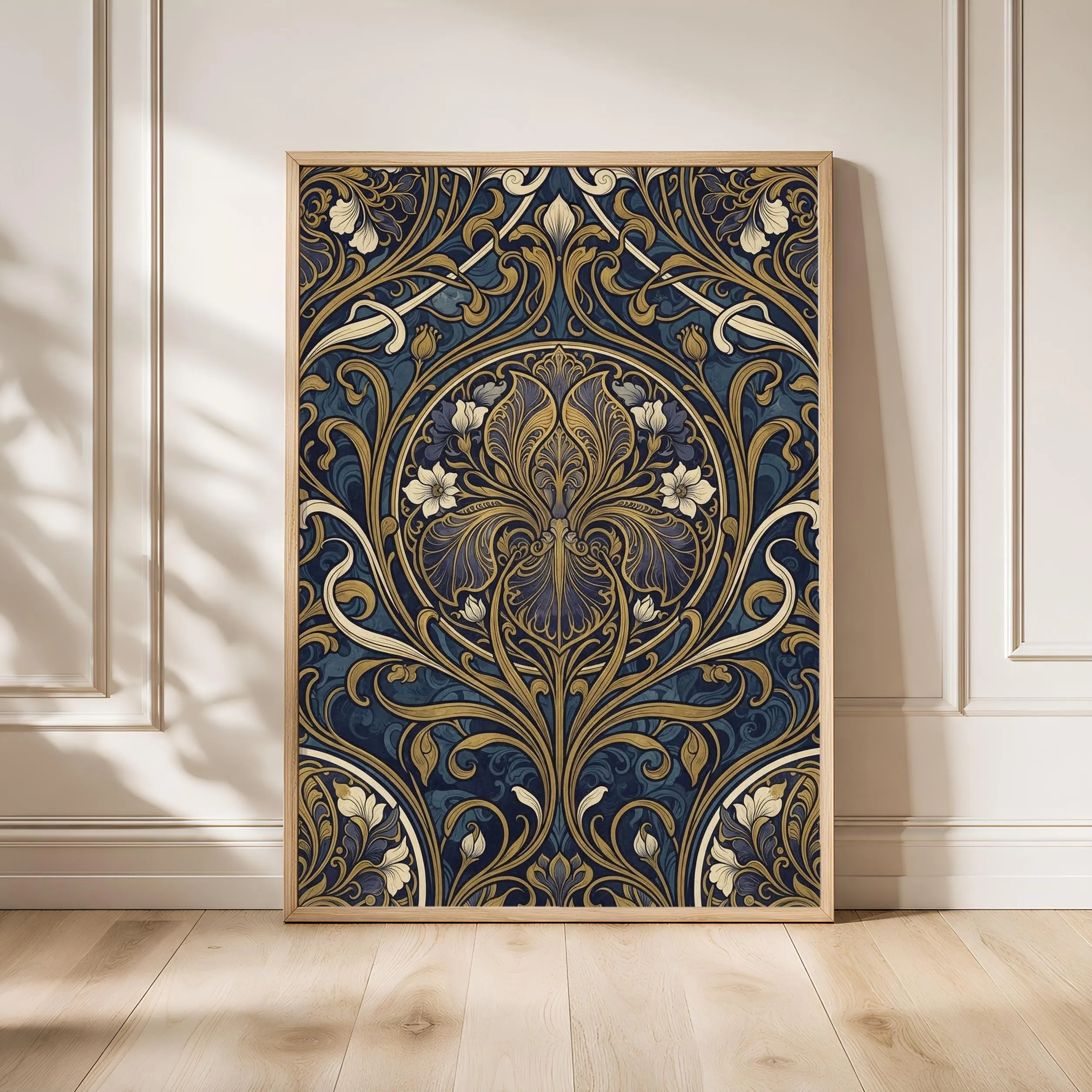 Art Nouveau Iris Print, Golden Retro Floral Poster, Gold Medallion Wall Art, Bedroom Decor, Housewarming Gift – Calm Wall Art by Artsify