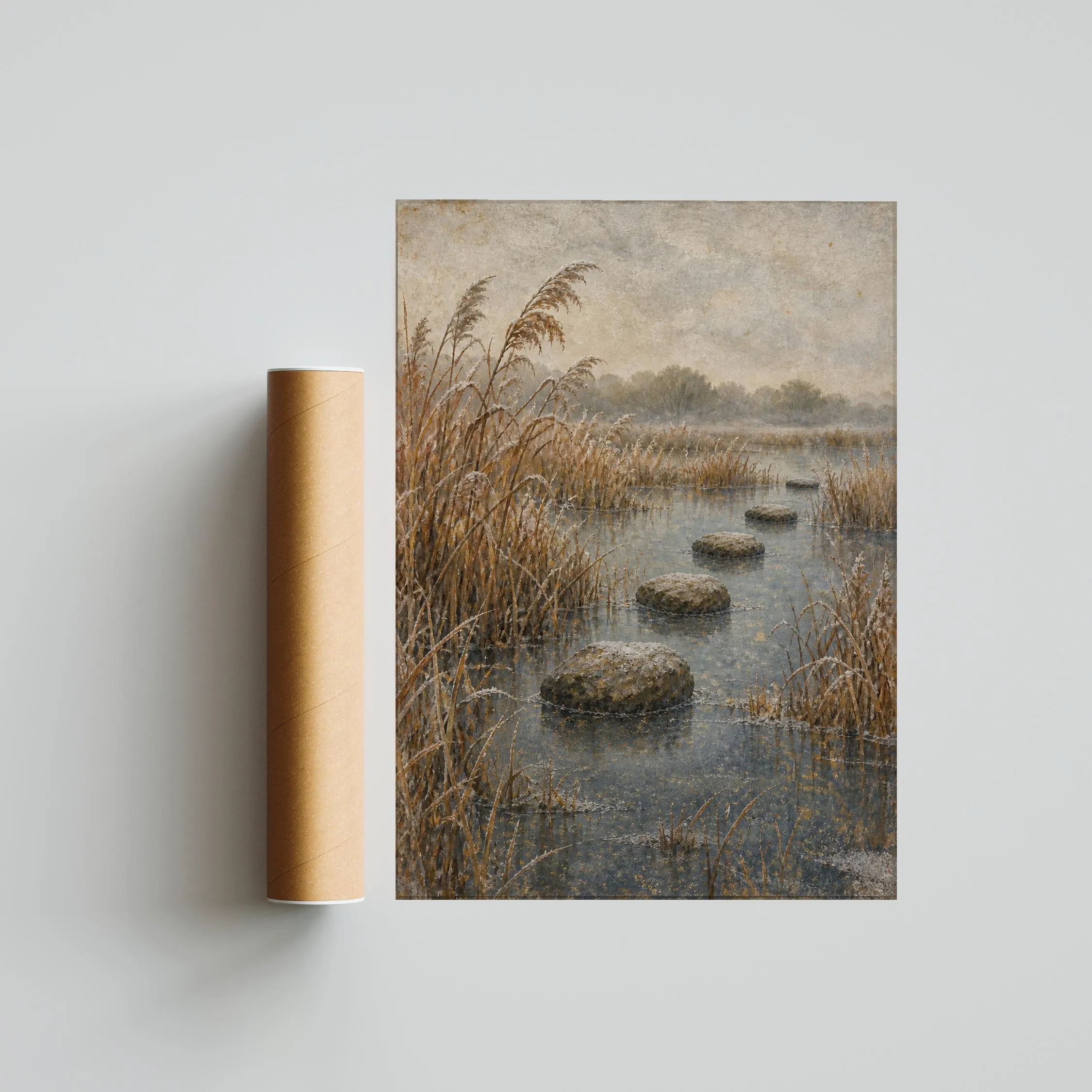 Frosted Reed Marsh Wall Art, Japanese Autumn Wetland Painting, Earth Tone Office Decor – Calm Wall Art by Artsify thumbnail 5