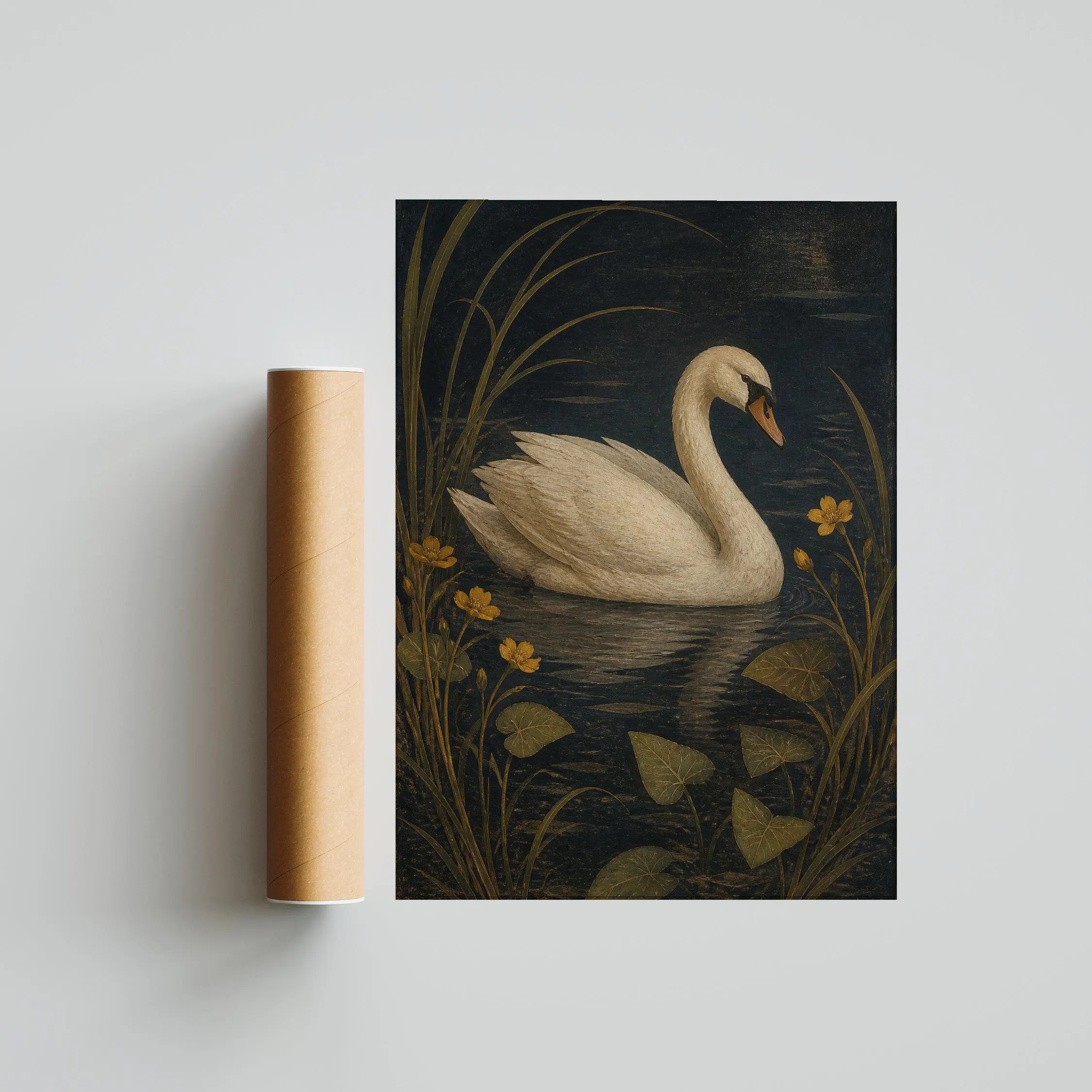 Swan Wall Art, Arts and Crafts Bird Painting, Dark Marsh Botanical Decor – Calm Wall Art by Artsify thumbnail 5