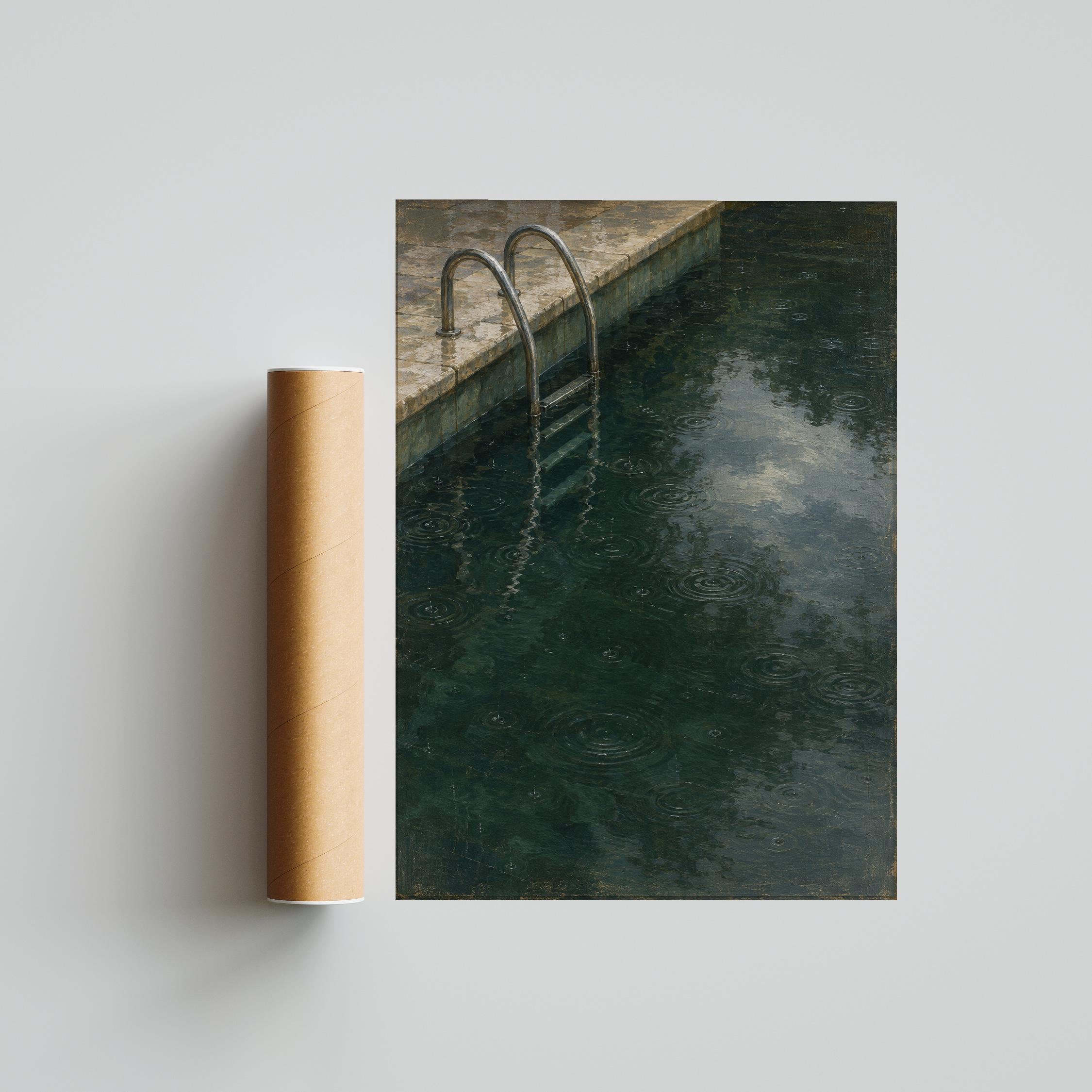 Rainy Pool Ladder Wall Art, Green Water Oil Painting, Moody Bathroom Decor – Calm Wall Art by Artsify thumbnail 5