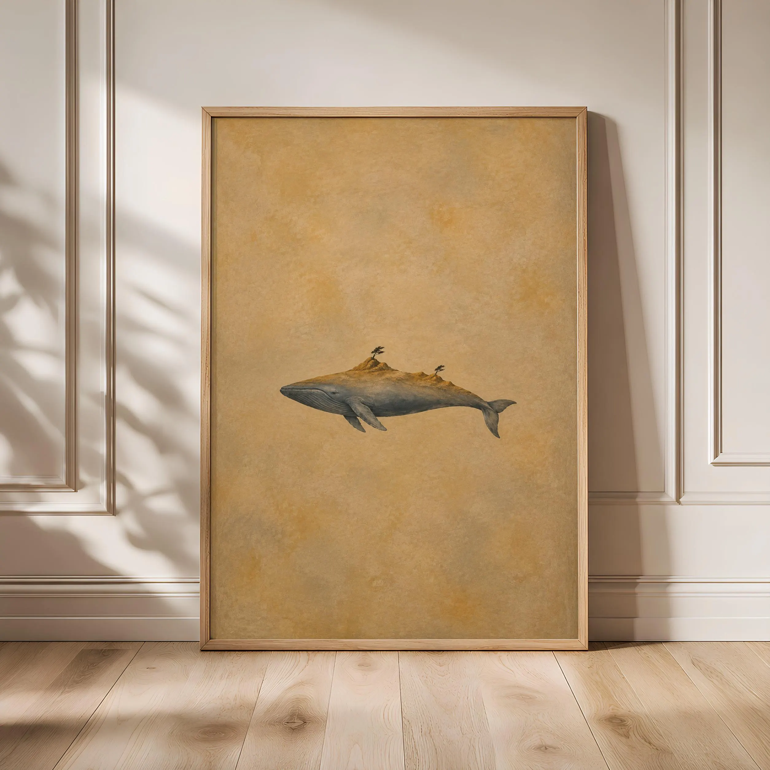 Island Whale Wall Art, Minimal Surreal Coastal Folk Landscape Print – Calm Wall Art by Artsify