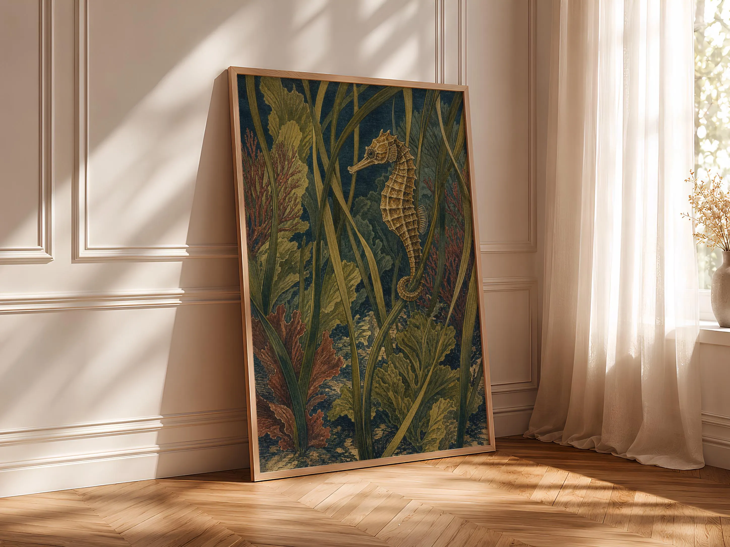Seahorse Wall Art Print, Vintage Ocean Poster, Eelgrass Coastal Decor, Arts and Crafts Sea Life, Housewarming Gift – Calm Wall Art by Artsify thumbnail 4