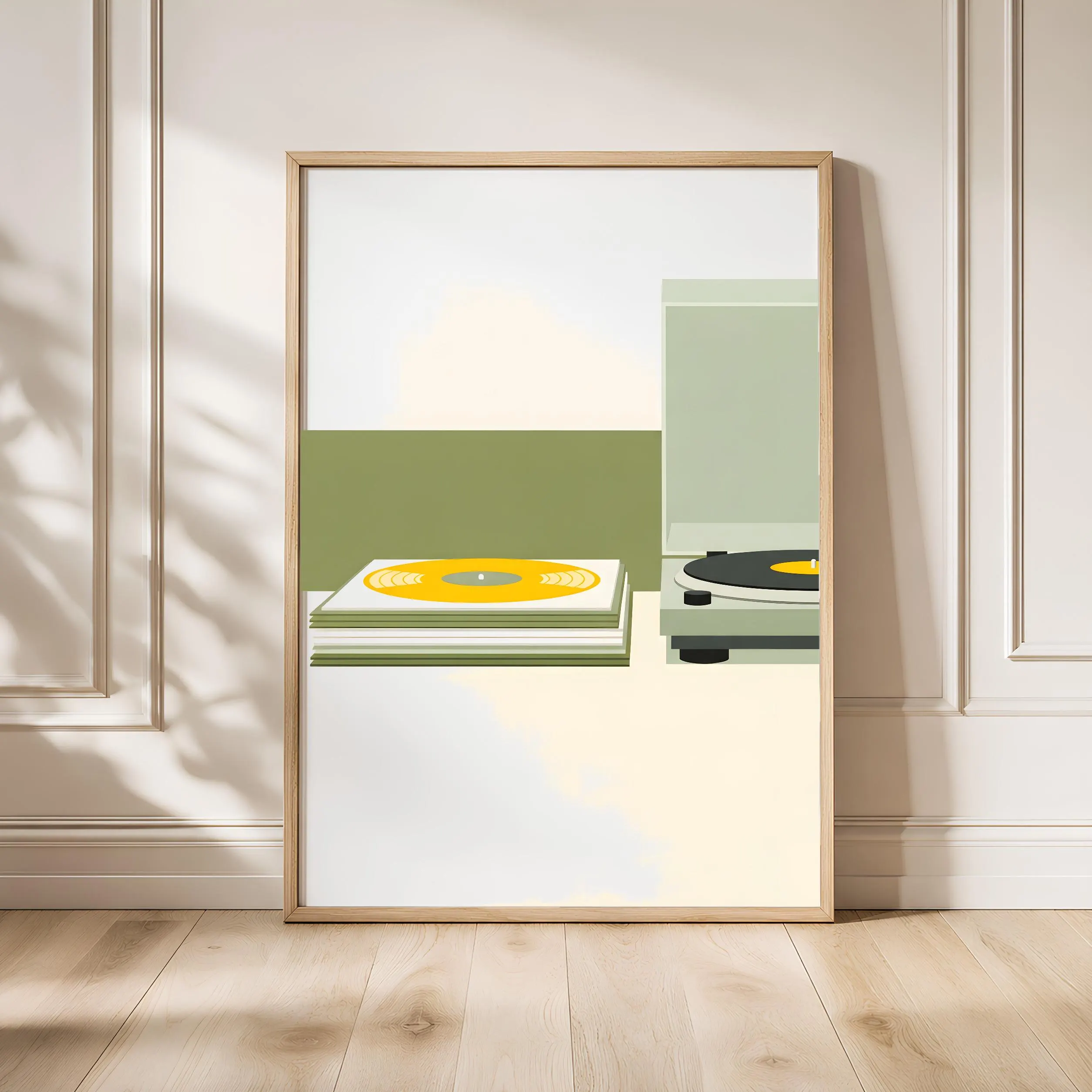 Stacked Vinyl Records Print, Japandi Music Poster, Yellow Record Wall Art, Living Room Decor, Housewarming Gift – Calm Wall Art by Artsify