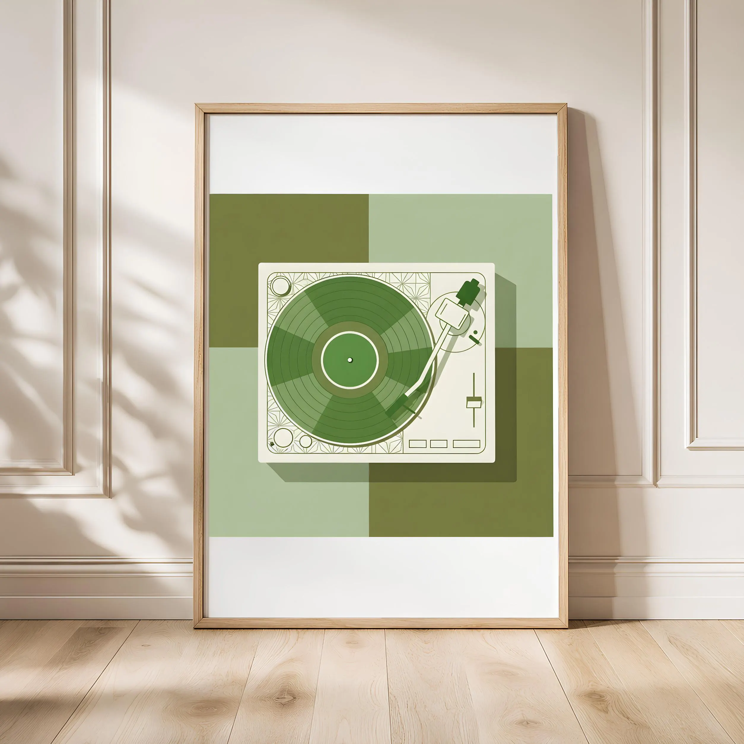 Vintage Turntable Print, Japandi Geometric Vinyl Poster, Green Record Wall Art, Music Room Decor, Housewarming Gift – Calm Wall Art by Artsify