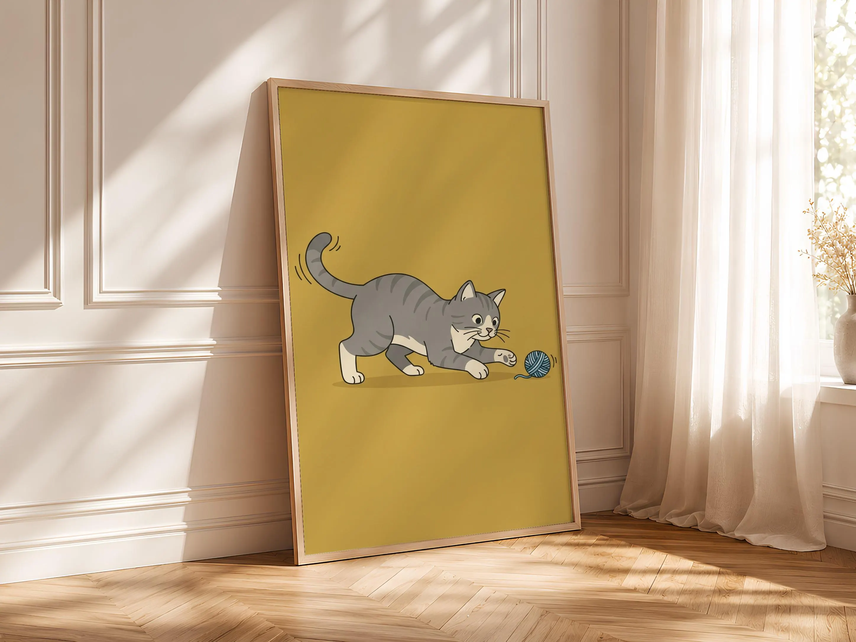 Minimalist Cat Print, Playful Grey Cat Wall Art, Mustard Poster, Cat Lover Gift, Housewarming Gift – Calm Wall Art by Artsify thumbnail 4