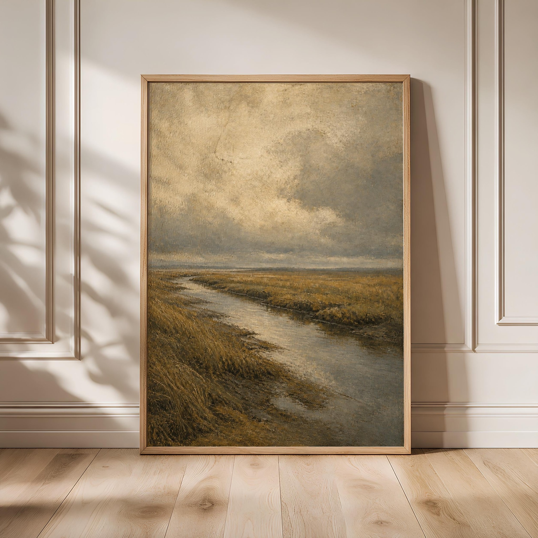 Salt Marsh Wall Art, Muted Coastal Oil Painting Print – Calm Wall Art by Artsify