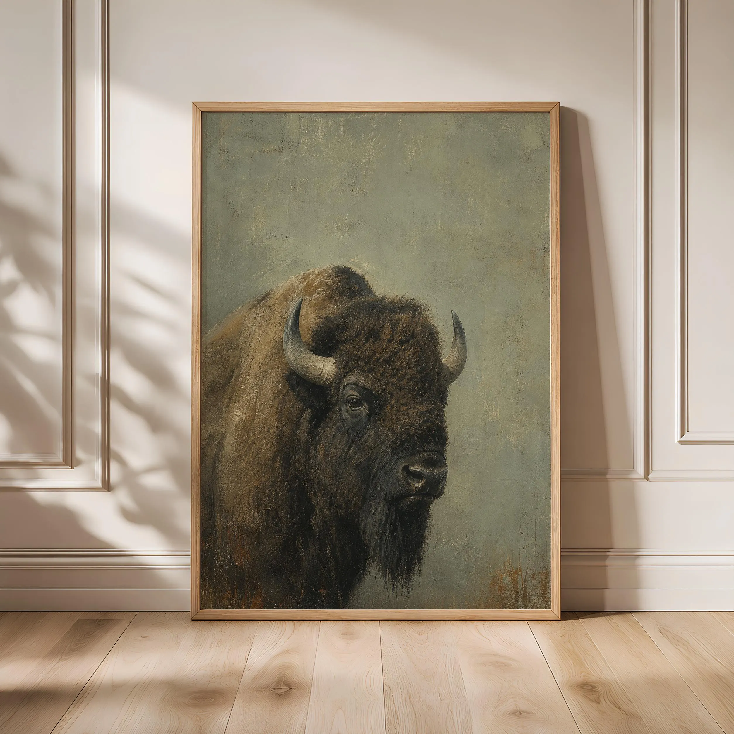 Bison Portrait Painting Print, Western Wildlife Wall Art, Sage Rustic Poster, Farmhouse Animal Decor, Housewarming Gift – Calm Wall Art by Artsify