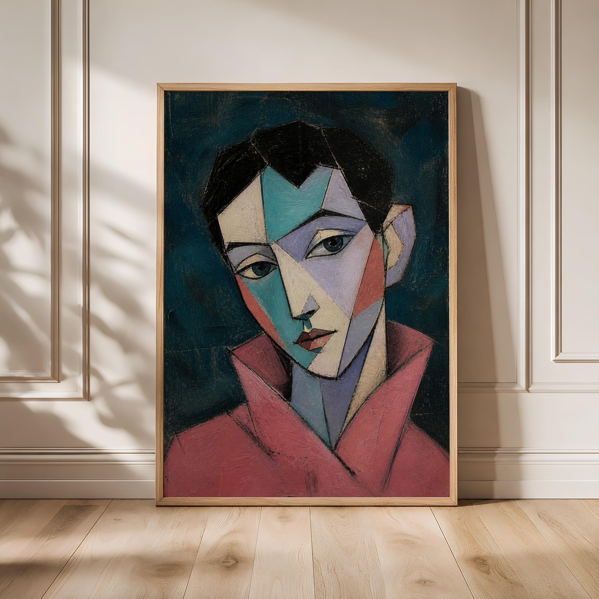 Rose Collar Cubist Portrait Print, Teal Abstract Face Wall Art, Modern Statement Decor – Calm Wall Art by Artsify