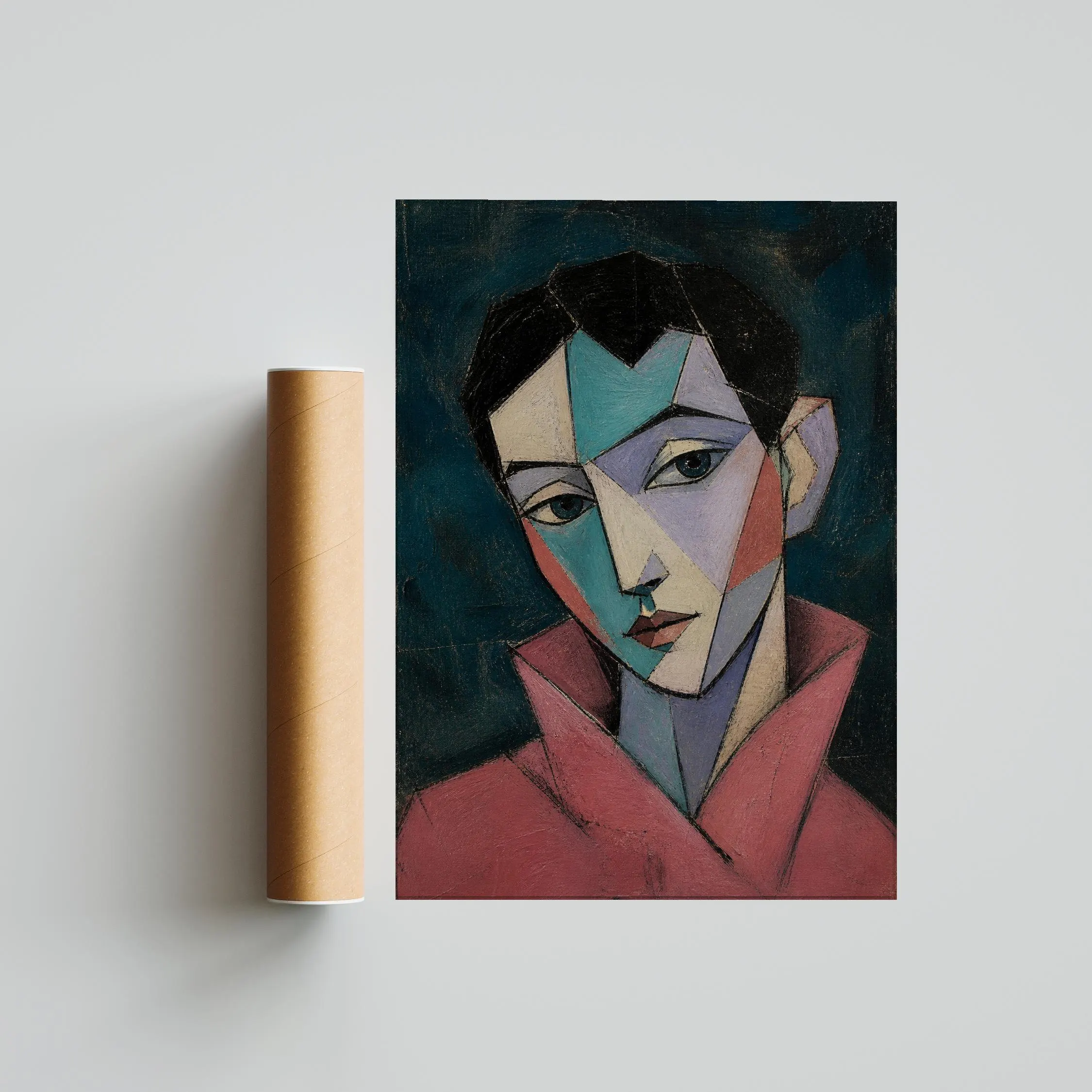 Rose Collar Cubist Portrait Print, Teal Abstract Face Wall Art, Modern Statement Decor – Calm Wall Art by Artsify thumbnail 5