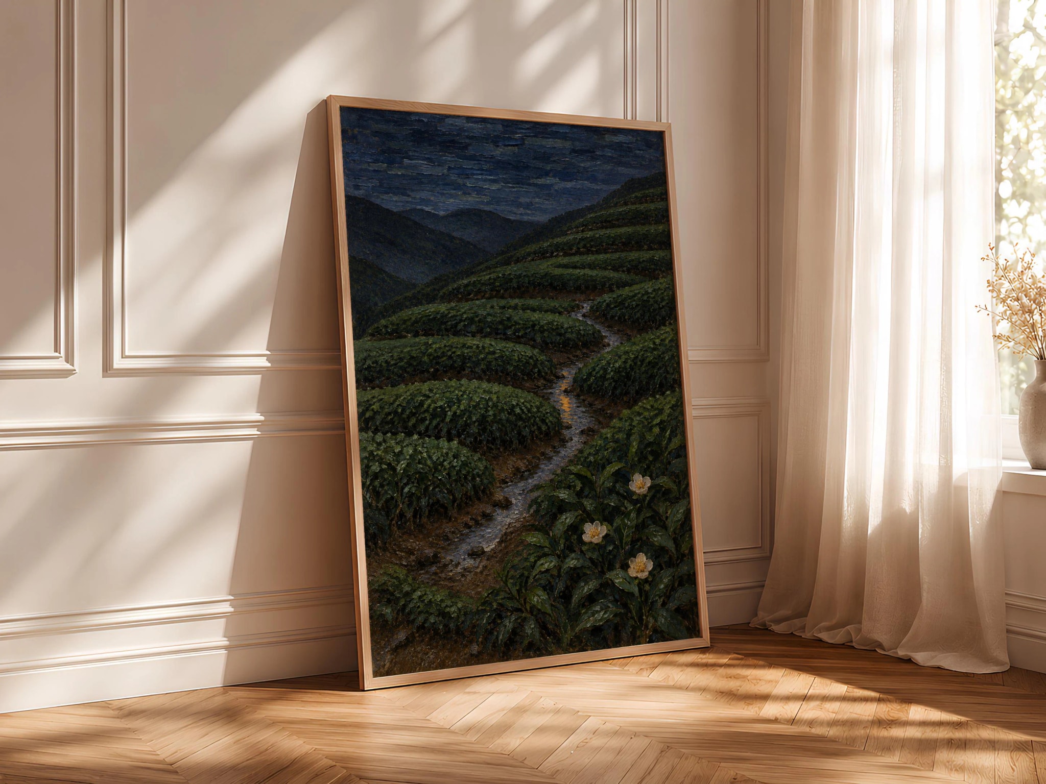 Tea Plantation Wall Art, Moody Night Terrace Oil Painting – Calm Wall Art by Artsify thumbnail 4