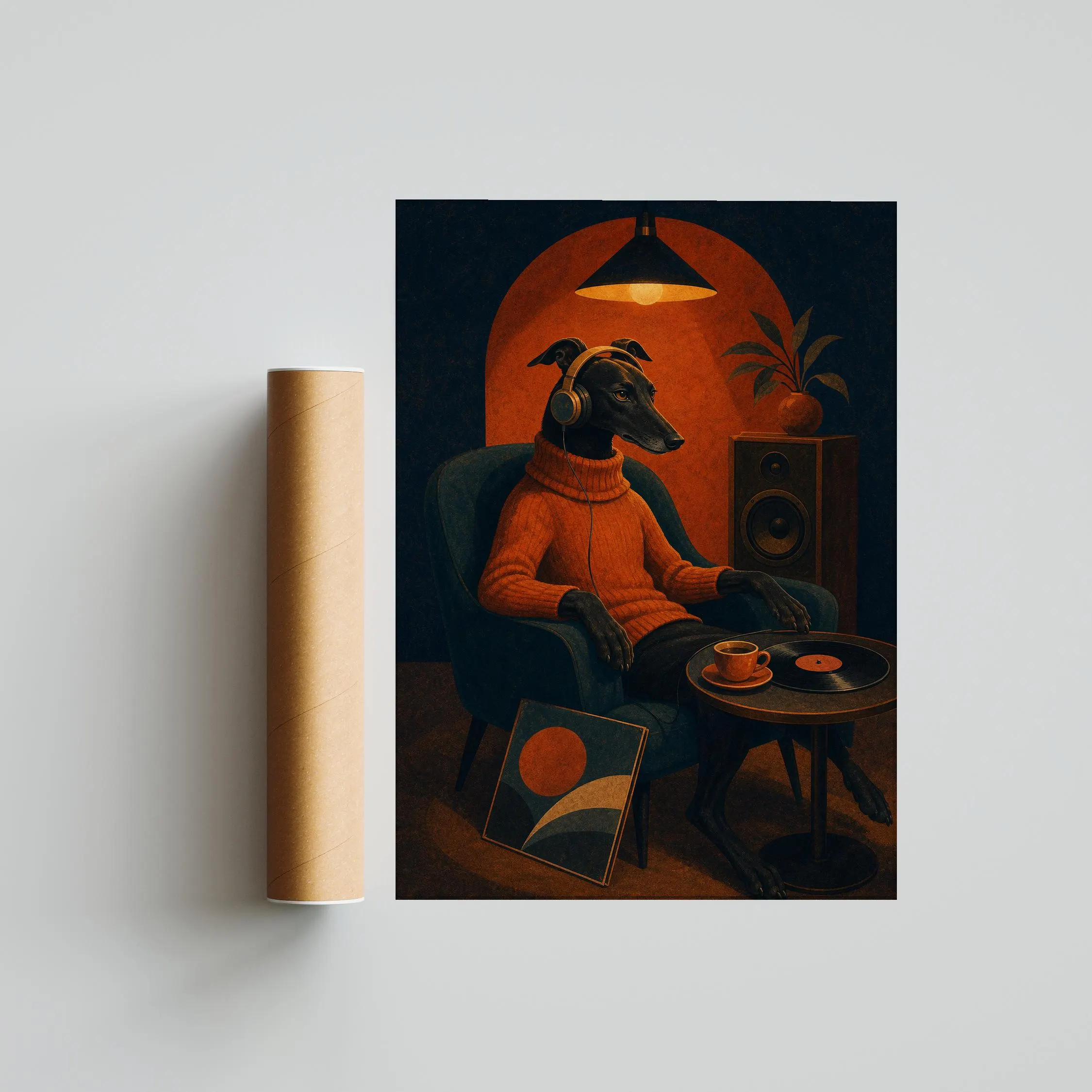 Greyhound Music Art Print, Retro Vinyl Listening Poster, Mid Century Dog Wall Art, Music Room Decor, Housewarming Gift – Calm Wall Art by Artsify thumbnail 5