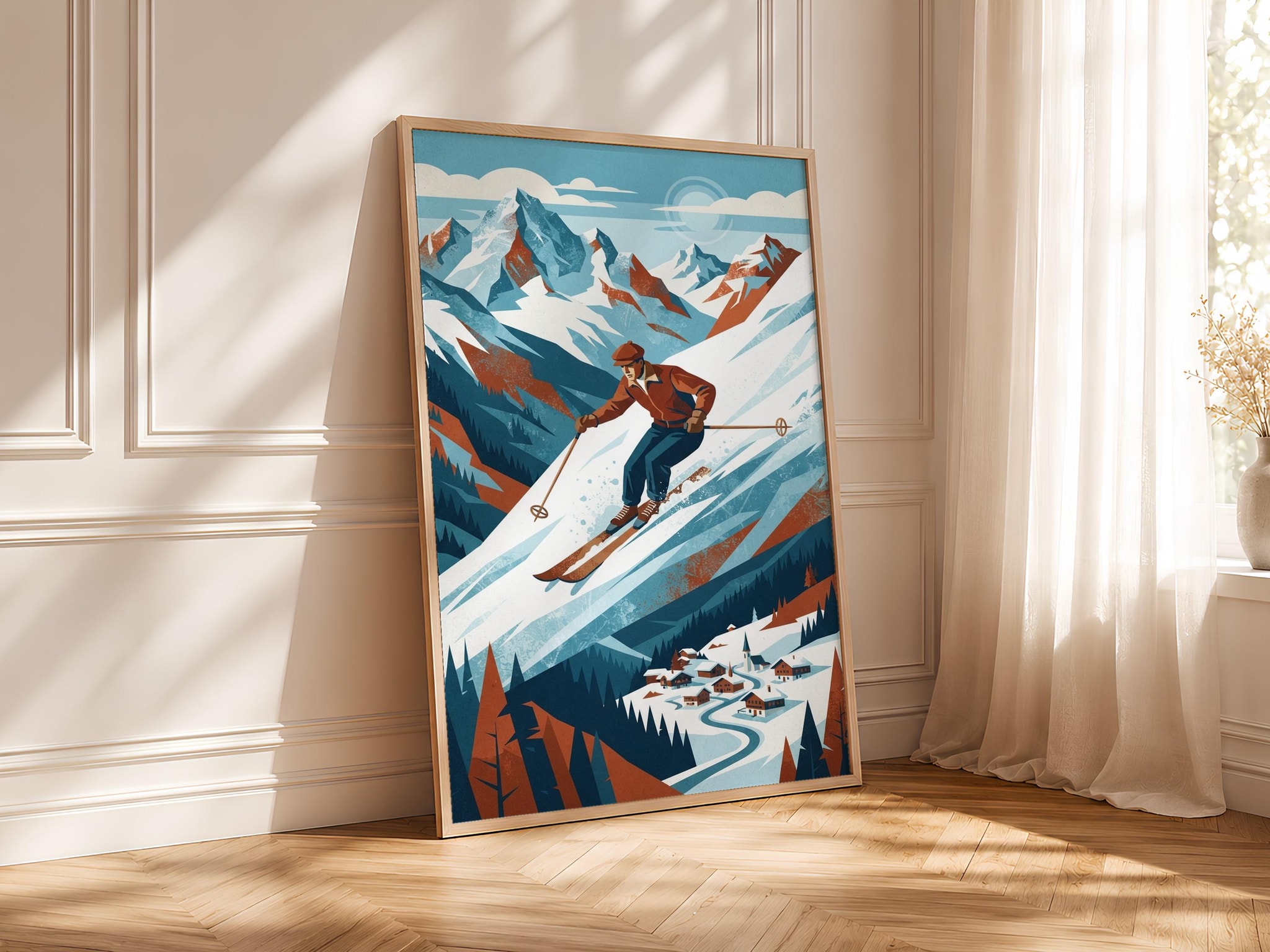 Skier Mountain Print, Alpine WPA Travel Poster, Icy Blue Wall Art, Living Room Decor, Housewarming Gift – Calm Wall Art by Artsify thumbnail 4