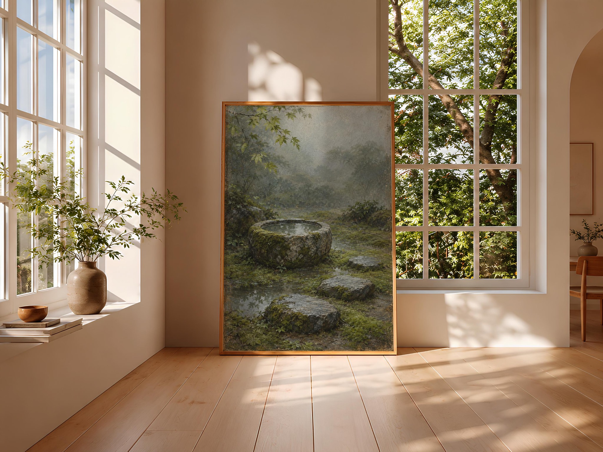 Japanese Rain Garden Wall Art, Mossy Stone Basin Oil Painting, Zen Decor – Calm Wall Art by Artsify thumbnail 3