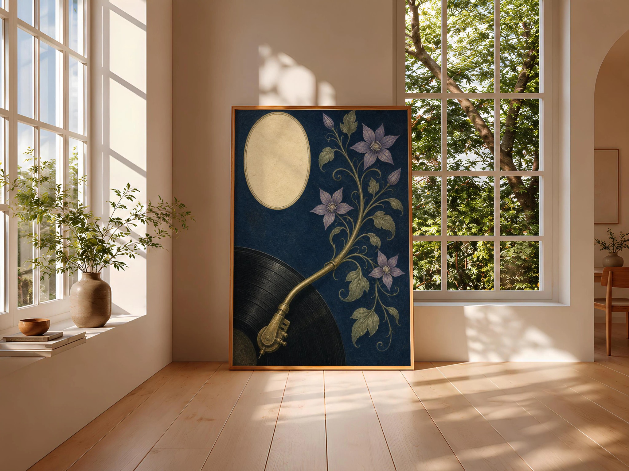 Vinyl Turntable Print, Arts and Crafts Music Room Poster, Navy Botanical Wall Art, Vinyl Lover Gift – Calm Wall Art by Artsify thumbnail 3