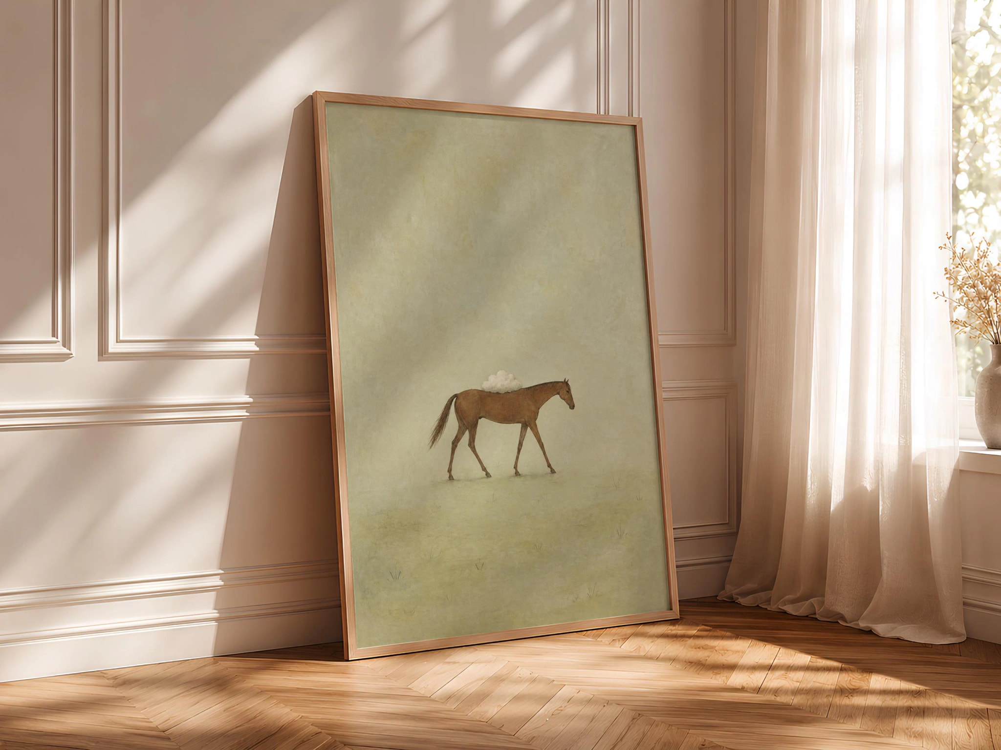 Horse Cloud Wall Art, Minimal Surreal Folk Animal Print, Muted Sage – Calm Wall Art by Artsify thumbnail 4