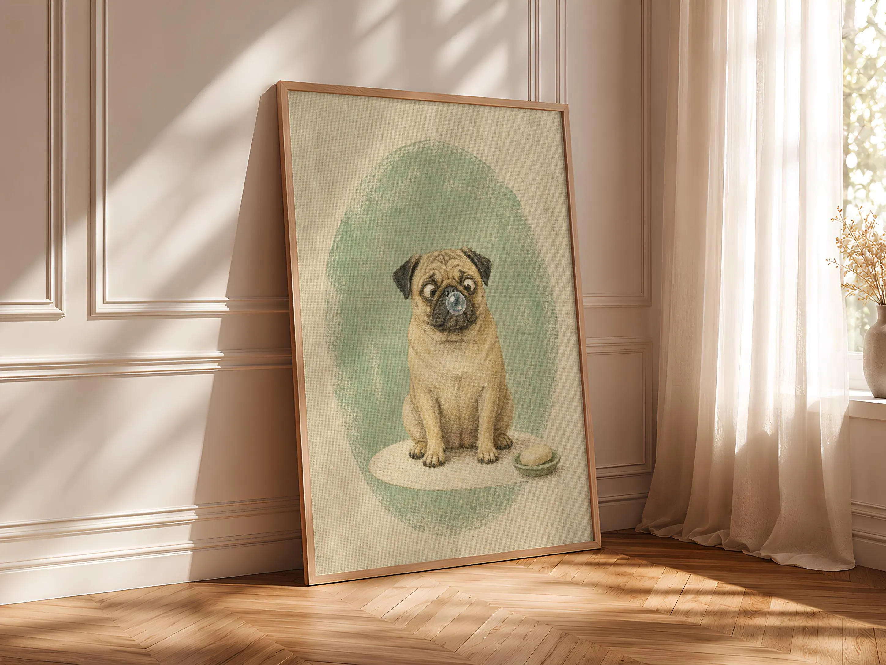 Funny Pug Bathroom Art, Soap Bubble Dog, Minimalist Pet Print – Calm Wall Art by Artsify thumbnail 4