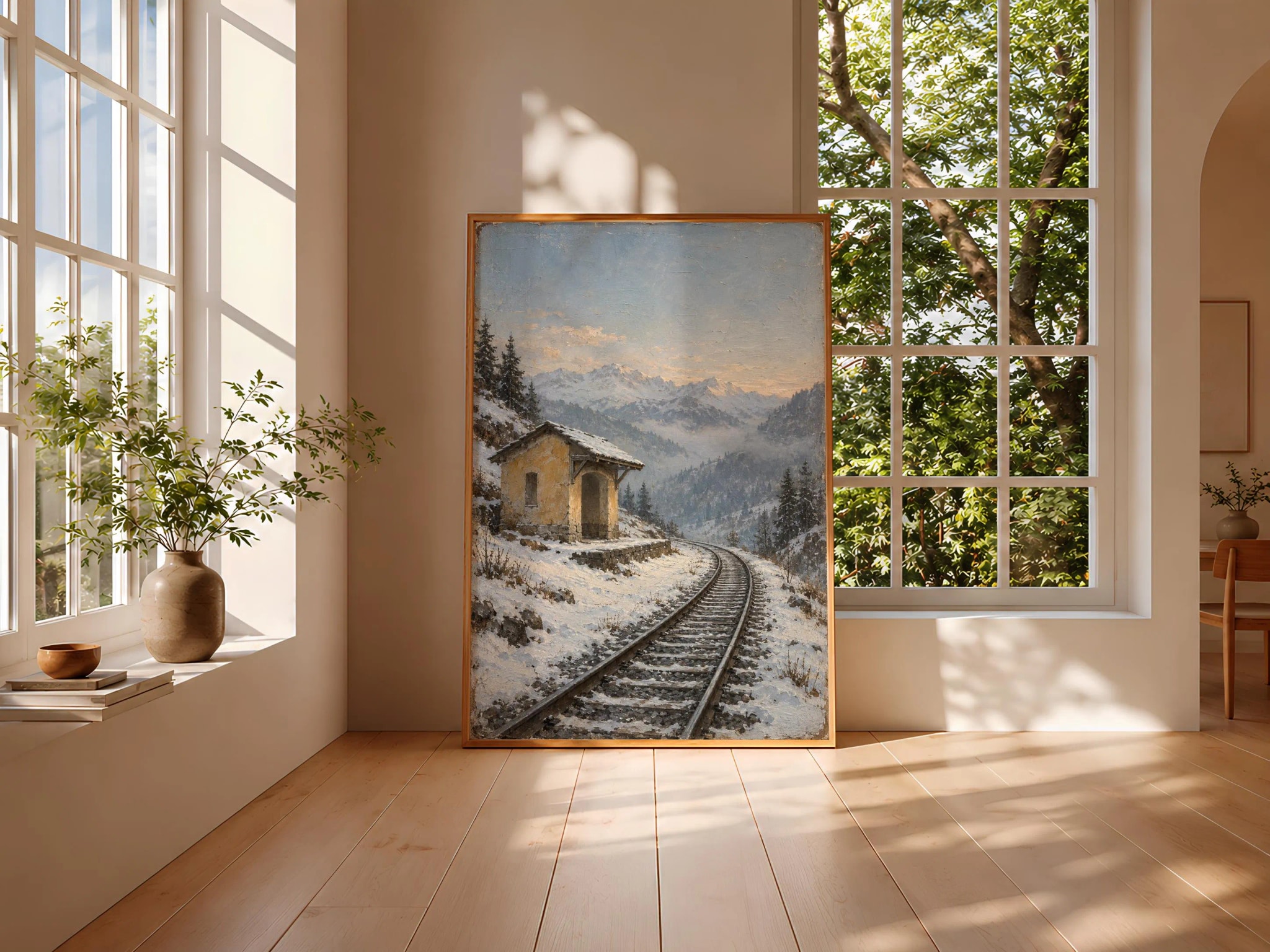 Snowy Alpine Halt Wall Art, Winter Railway Oil Painting, Quiet Mountain Decor – Calm Wall Art by Artsify thumbnail 3