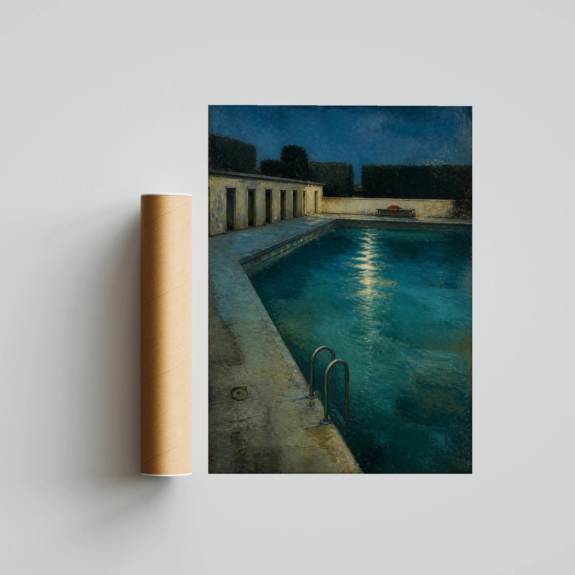 After Hours Lido Wall Art, Nocturnal Swimming Pool Painting, Moody Teal Poolside Print – Calm Wall Art by Artsify thumbnail 5
