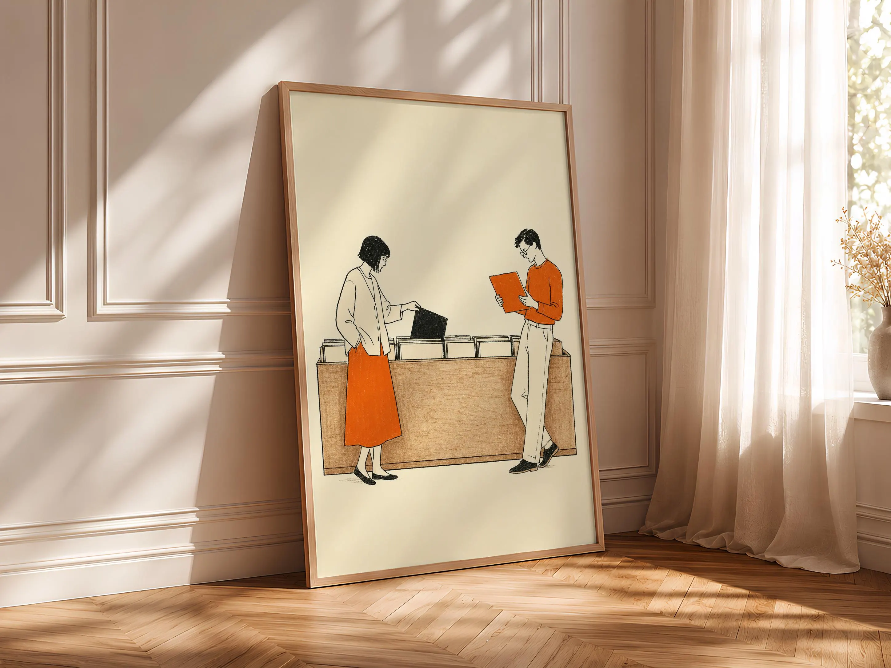 Vintage Record Shop Print, Retro Vinyl Browsing Wall Art, Orange Music Poster, Minimalist Line Art Decor, Housewarming Gift – Calm Wall Art by Artsify thumbnail 4