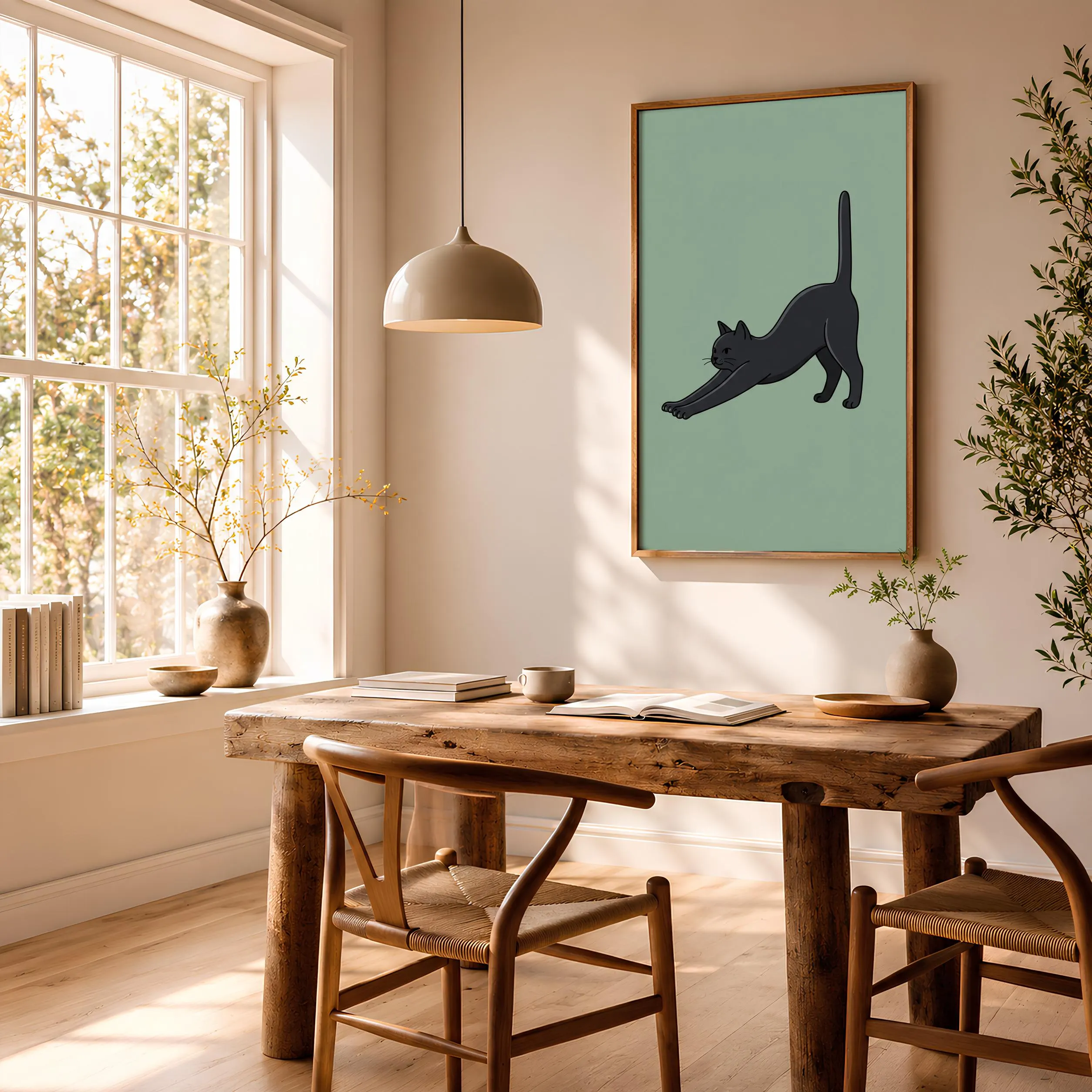 Minimalist Cat Print, Stretching Black Cat Wall Art, Sage Green Poster, Cat Lover Gift, Housewarming Gift – Calm Wall Art by Artsify thumbnail 2