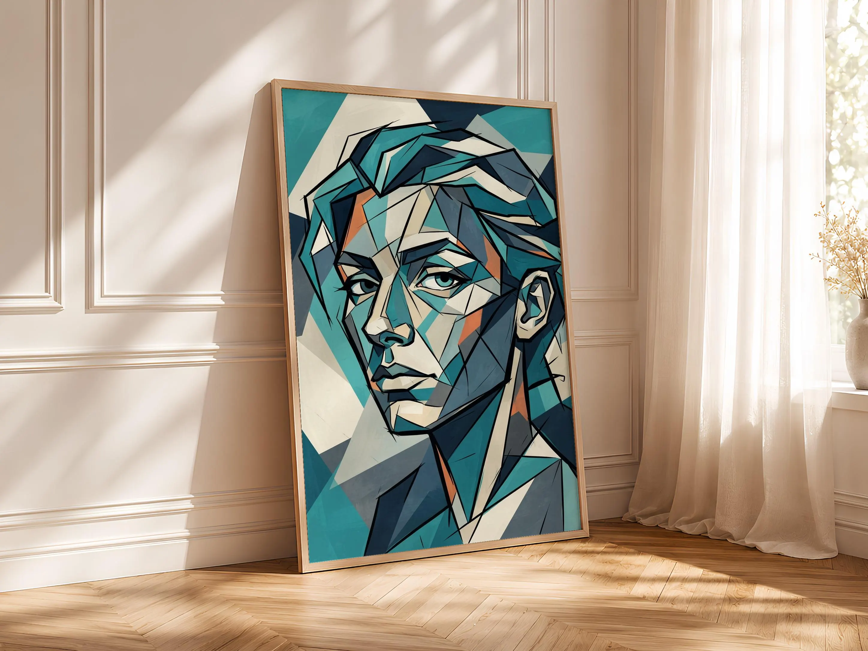 Cubist Portrait Print, Abstract Geometric Face Poster, Teal Wall Art, Modern Art Gift – Calm Wall Art by Artsify thumbnail 4