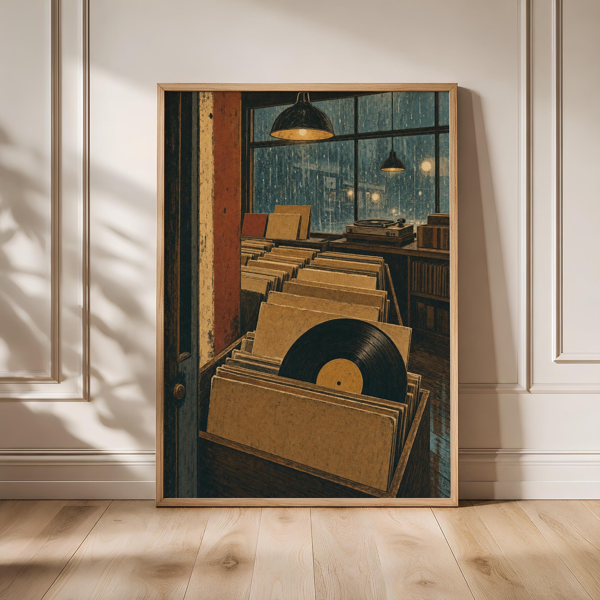 Vintage Record Shop Print, Rainy Music Store Wall Art, Retro Vinyl Poster, Cozy Music Room Decor, Housewarming Gift – Calm Wall Art by Artsify