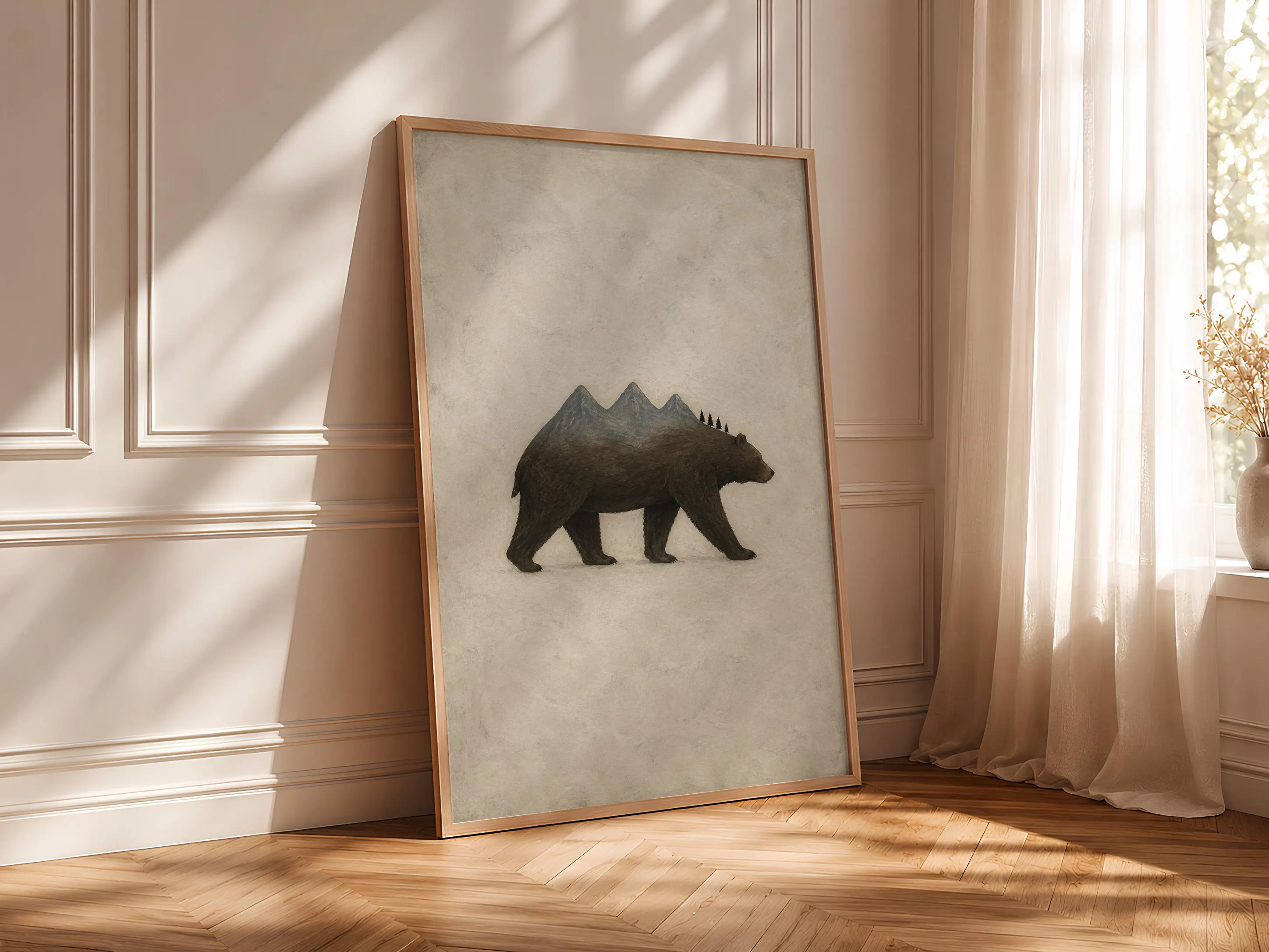 Mountain Bear Wall Art, Minimal Surreal Folk Animal Landscape – Calm Wall Art by Artsify thumbnail 4