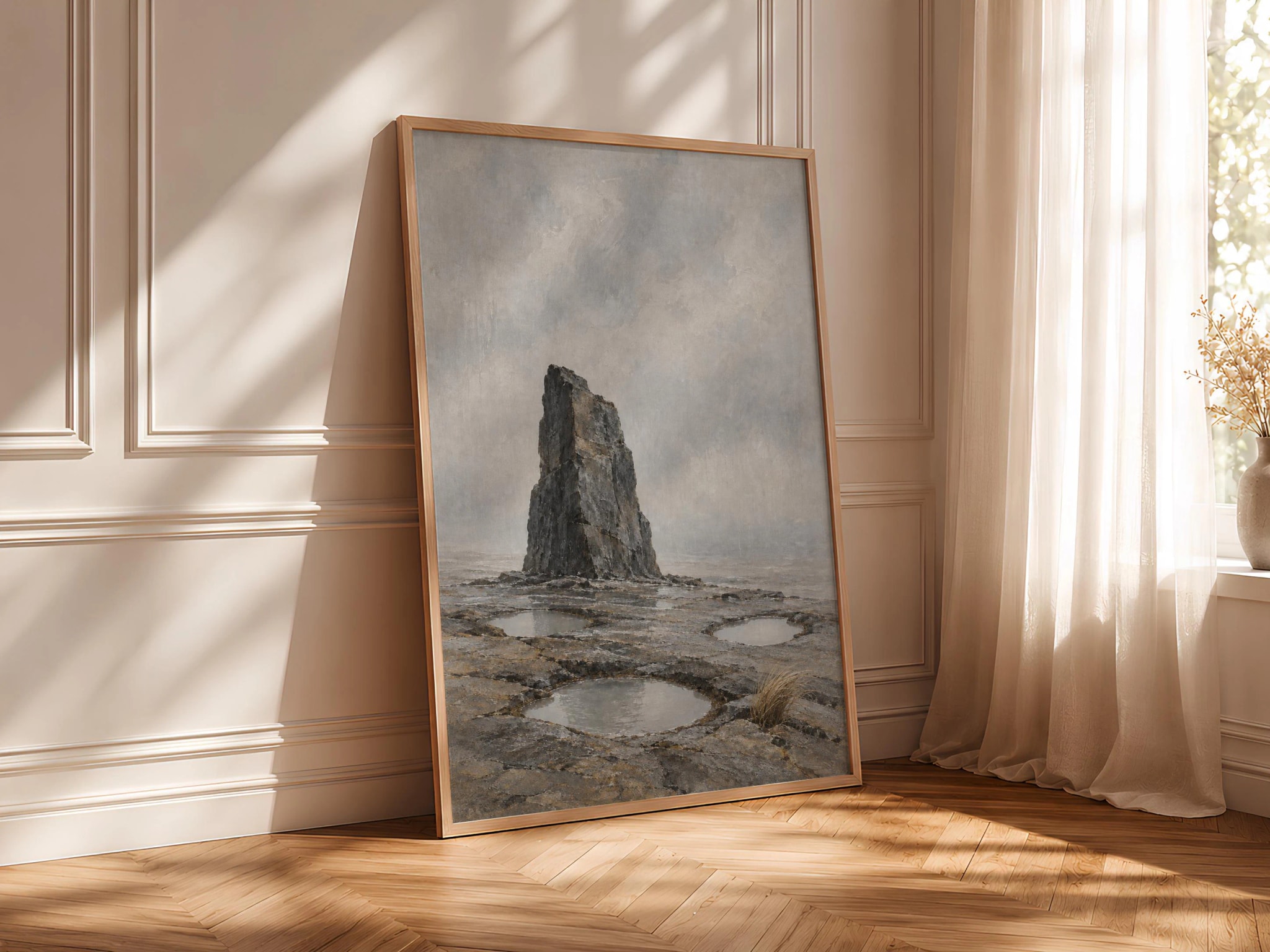 Rainy Basalt Shore Wall Art, Minimalist Coastal Japandi Painting – Calm Wall Art by Artsify thumbnail 4