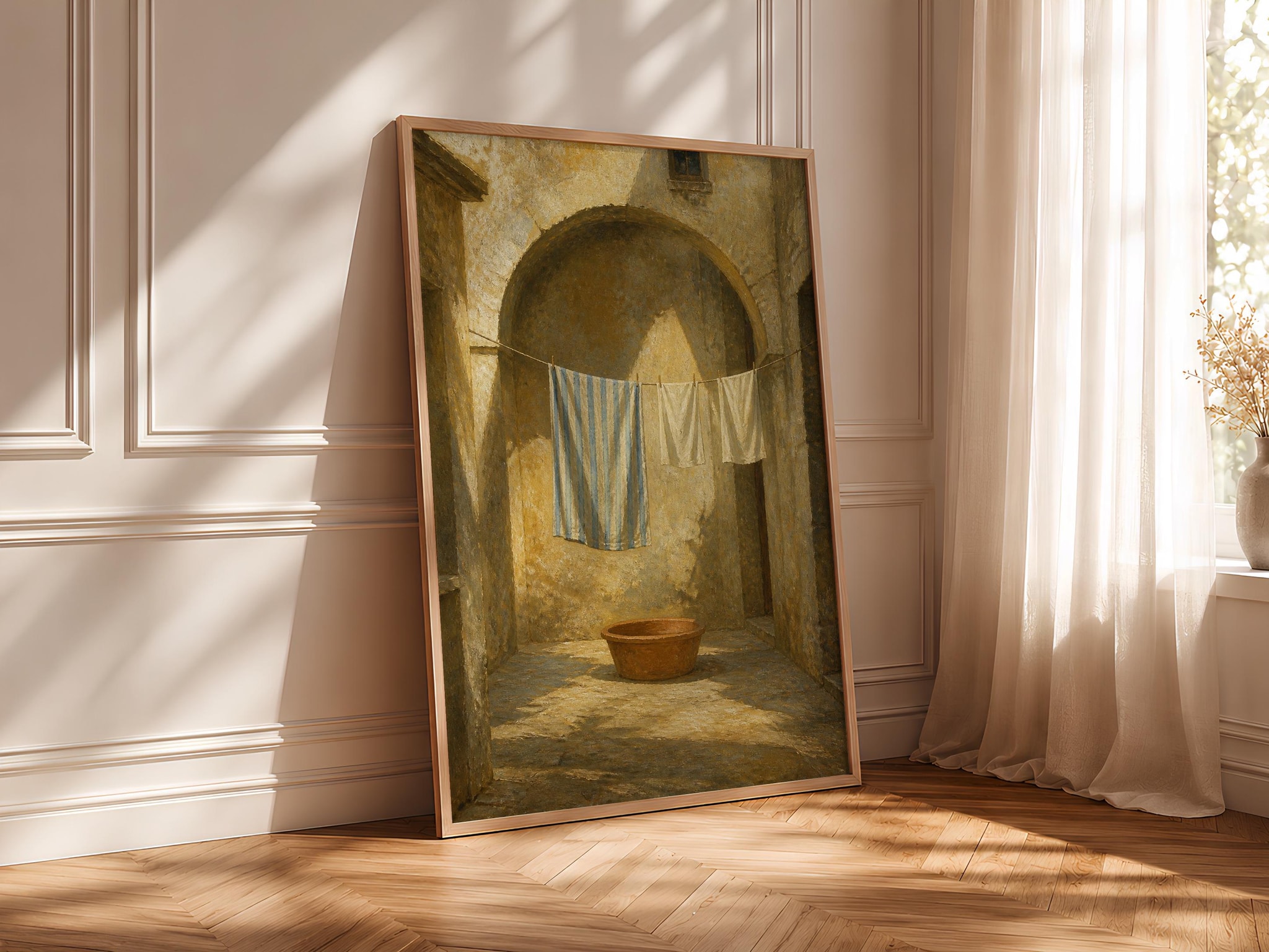 Mediterranean Laundry Wall Art, Indigo Linen Courtyard Oil Painting, Rustic European Print – Calm Wall Art by Artsify thumbnail 4