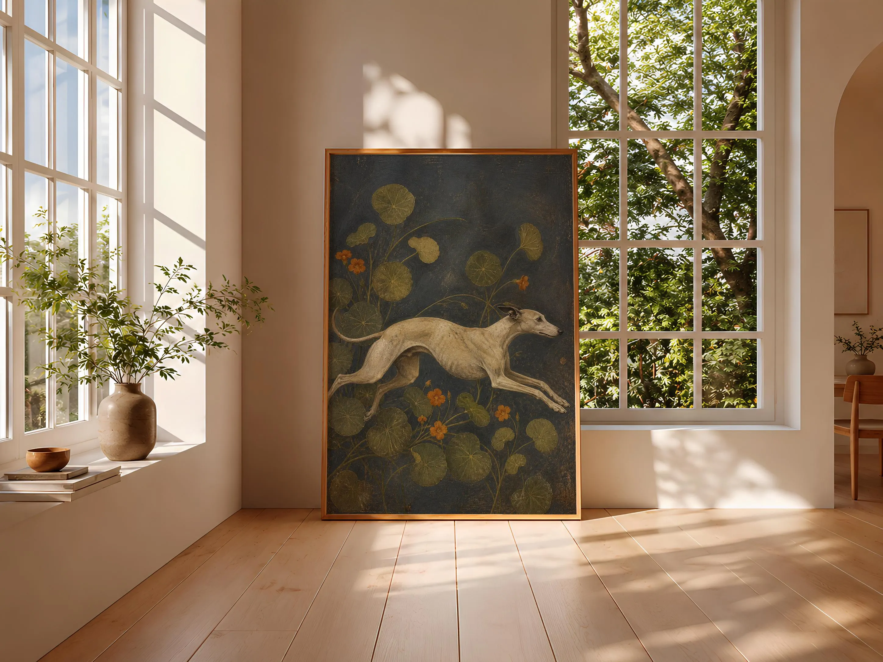 Whippet Wall Art, Arts and Crafts Dog Painting, Vintage Nasturtium Animal Print – Calm Wall Art by Artsify thumbnail 3