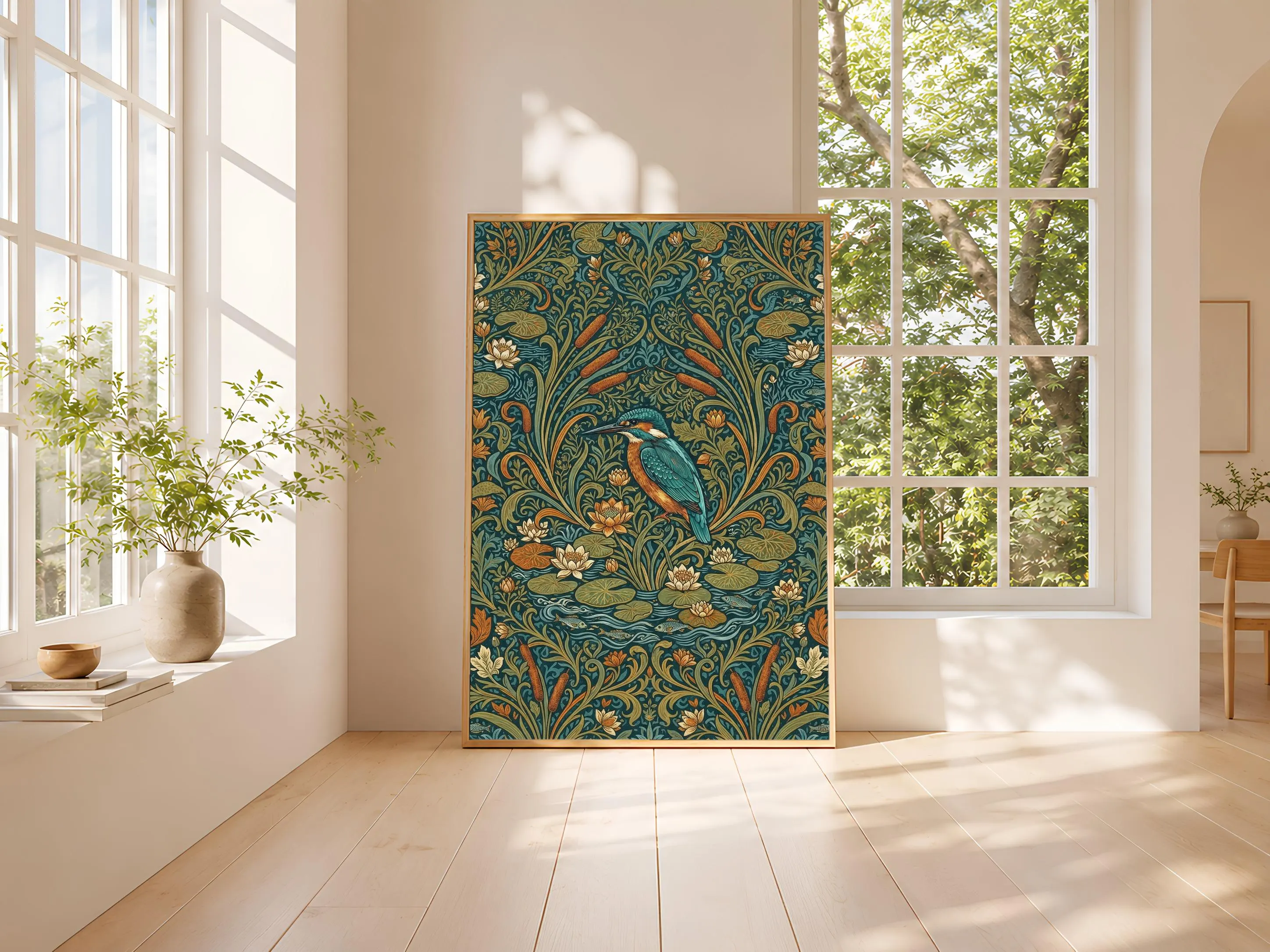 William Morris Style Print, Arts and Crafts Kingfisher Poster, Water Lily Wall Art, Living Room Decor, Housewarming Gift – Calm Wall Art by Artsify thumbnail 3