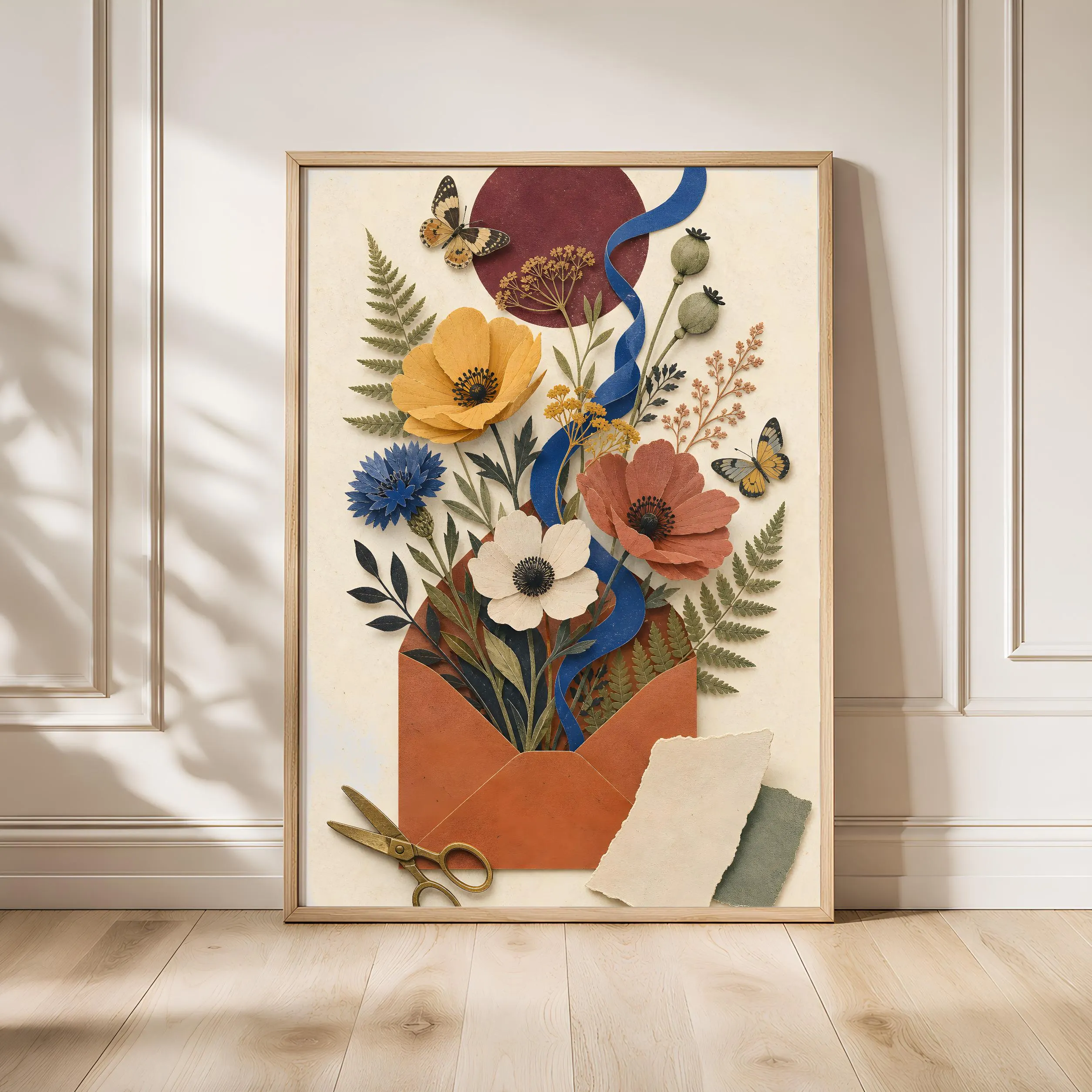 Wildflower Envelope Print, Paper Cut Style Botanical Wall Art, Vintage Stationery Poster, Garden Lover Gift, Housewarming Gift – Calm Wall Art by Artsify