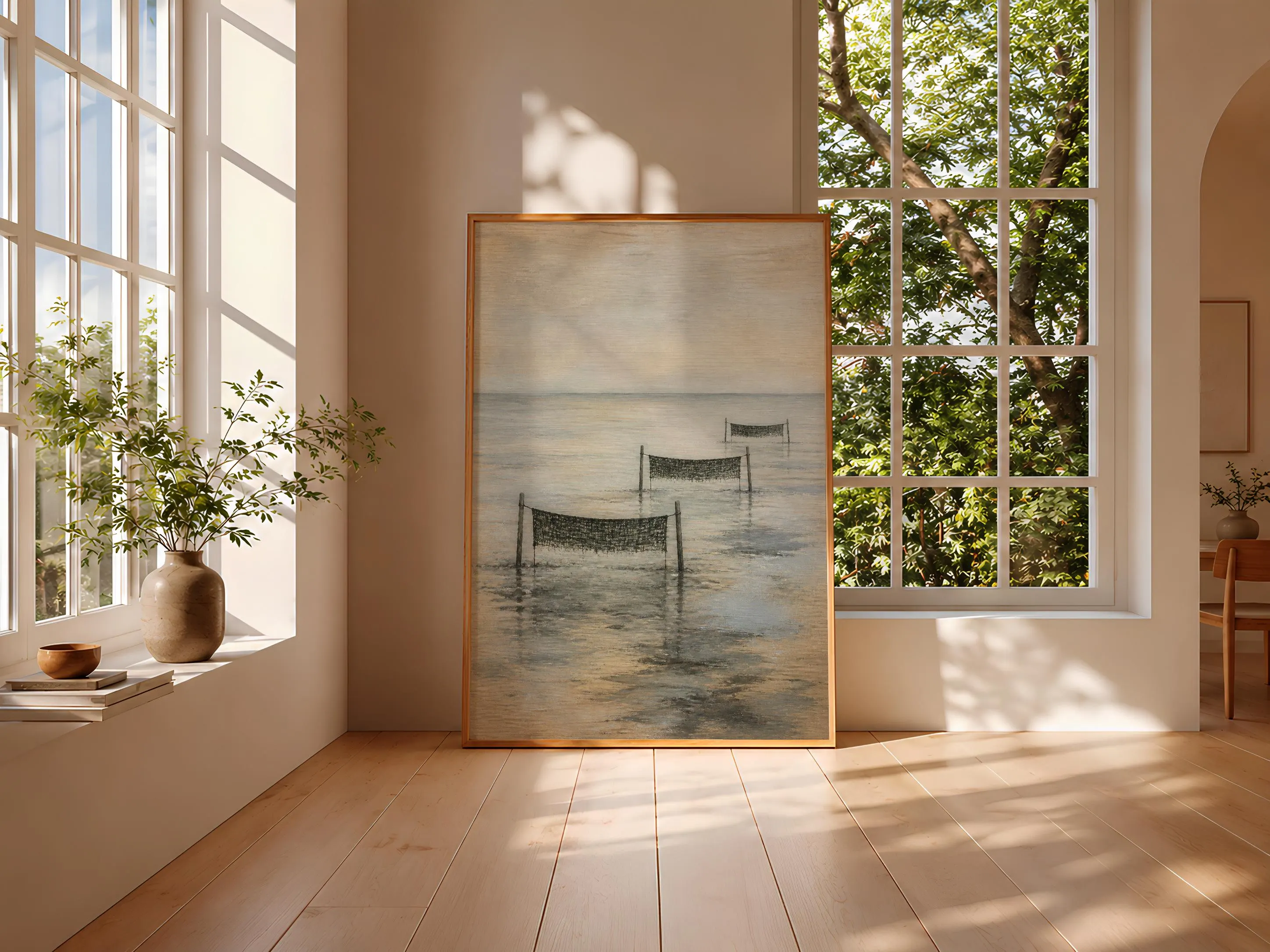 Seaweed Nets Wall Art, Japanese Coastal Landscape, Muted Misty Tidal Print – Calm Wall Art by Artsify thumbnail 3
