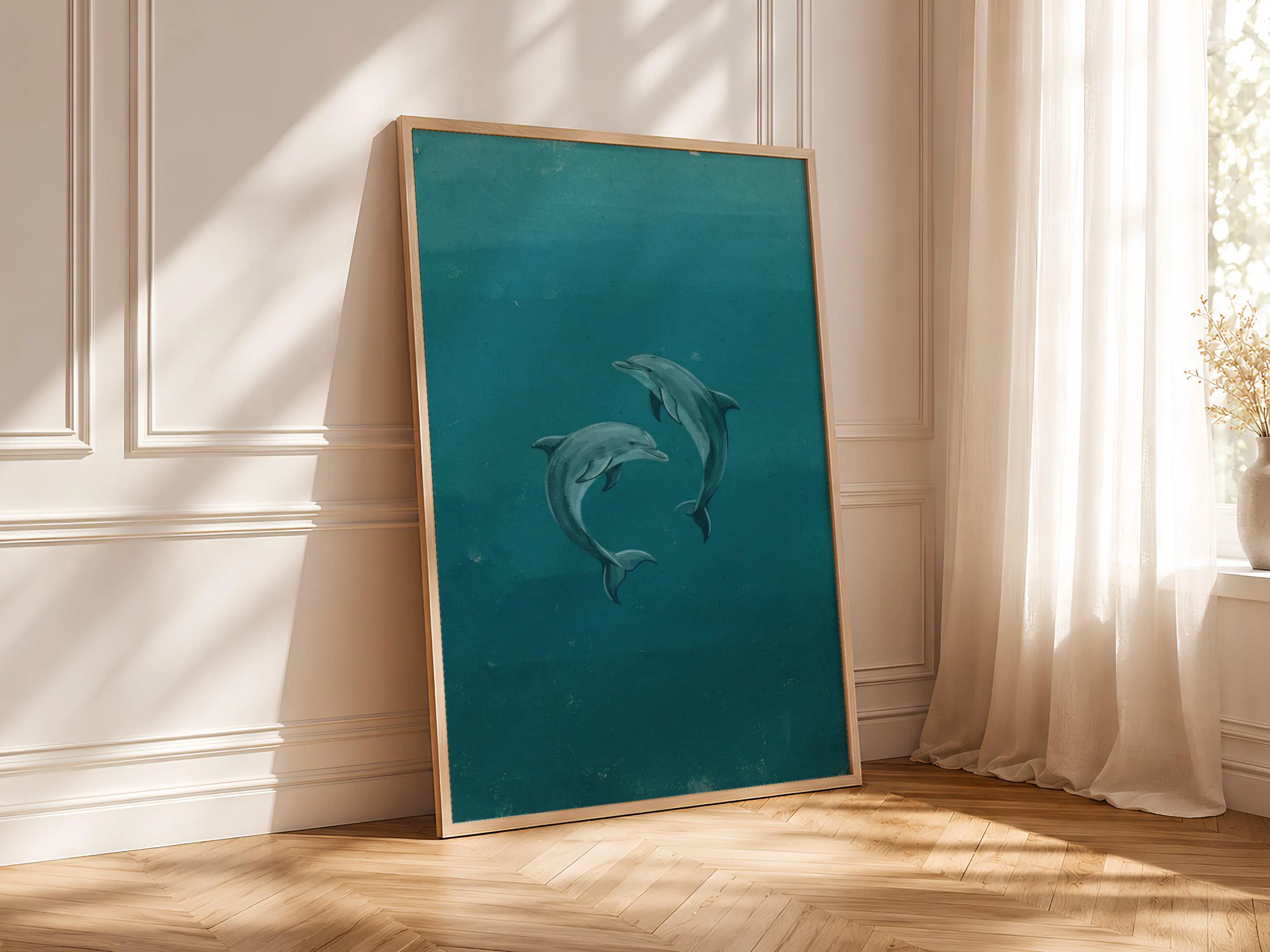 Dolphin Wall Art, Teal Minimalist Ocean Painting, Vintage Coastal Print, Housewarming Gift – Calm Wall Art by Artsify thumbnail 4