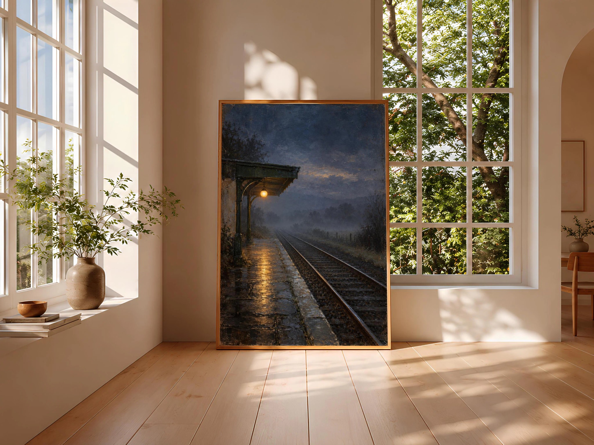 Amber Lamp Railway Platform Wall Art, Indigo Dusk Oil Painting, Travel Decor – Calm Wall Art by Artsify thumbnail 3